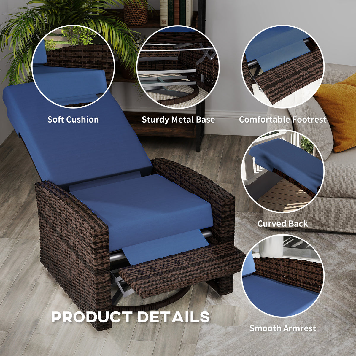 Outdoor Wicker Swivel Recliner Chair, Lifting Footrest, 360° Rotating Basic, Water-resistant Cushions, Dark Blue