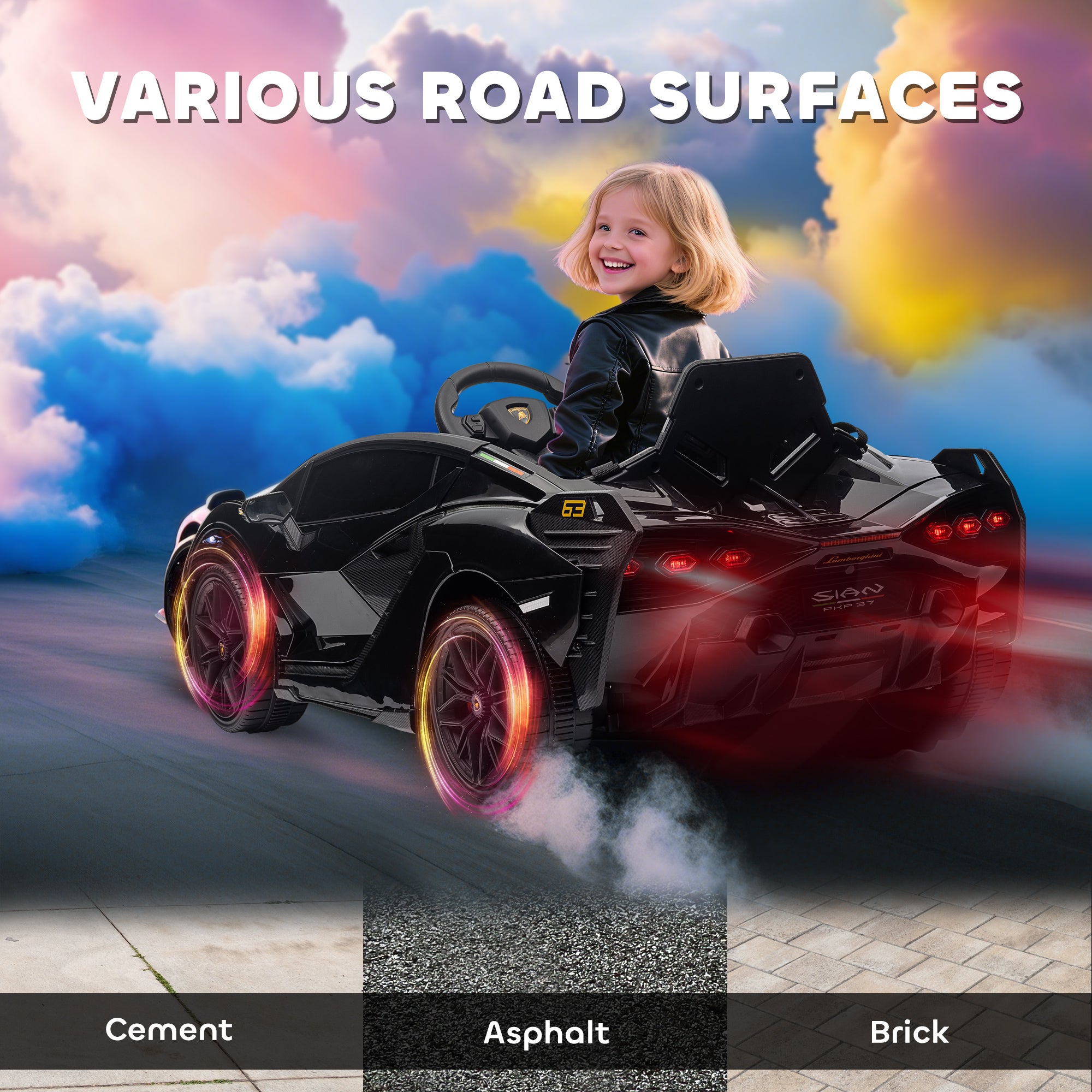 12V Lamborghini SIAN Licensed Electric Car for kids with Remote Control, Horn, Music, & Headlights, Black