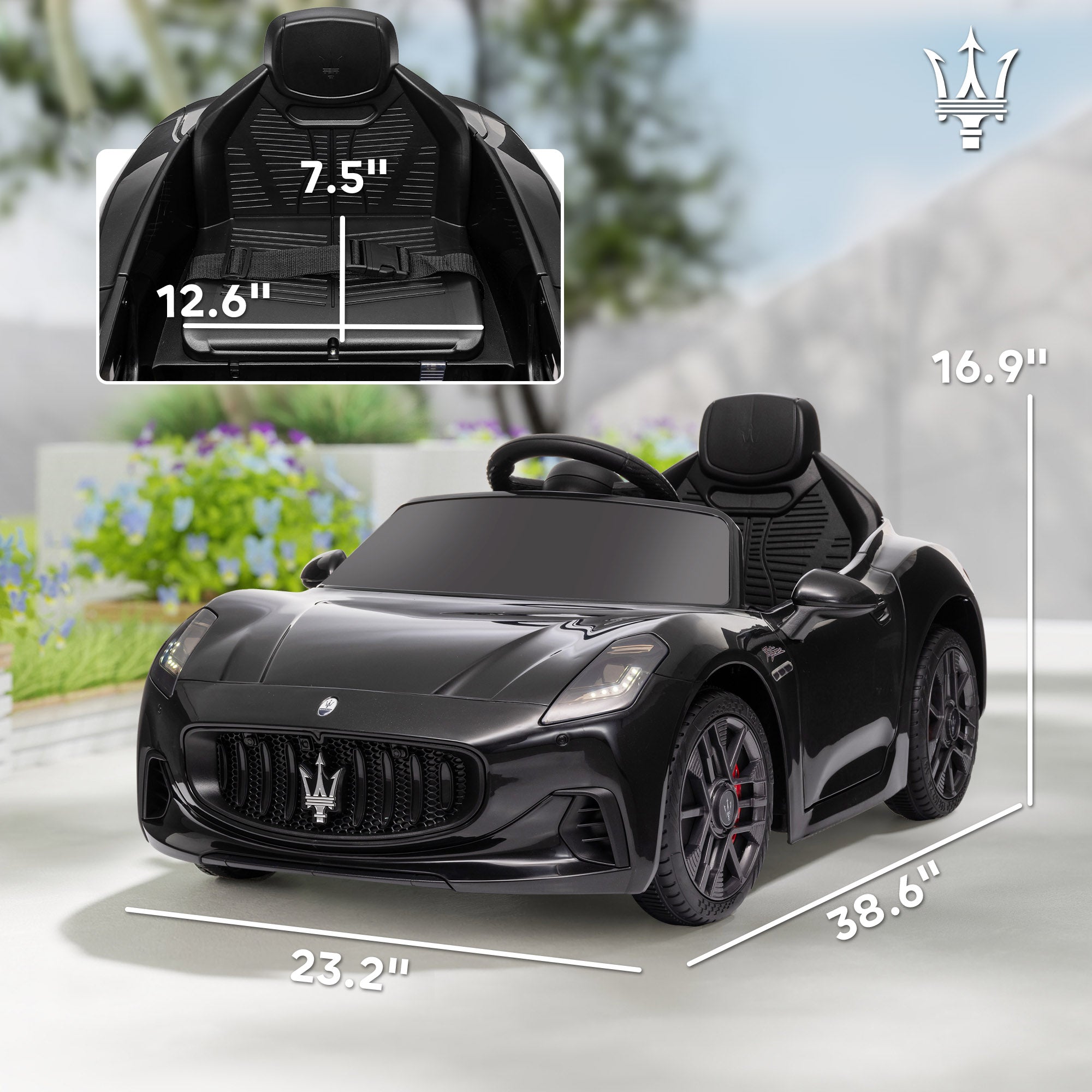 Maserati Gran Turismo Licensed 12V Kids Electric Car w/ Remote Control, Soft Start, LED Lights, Music, Horn, Black