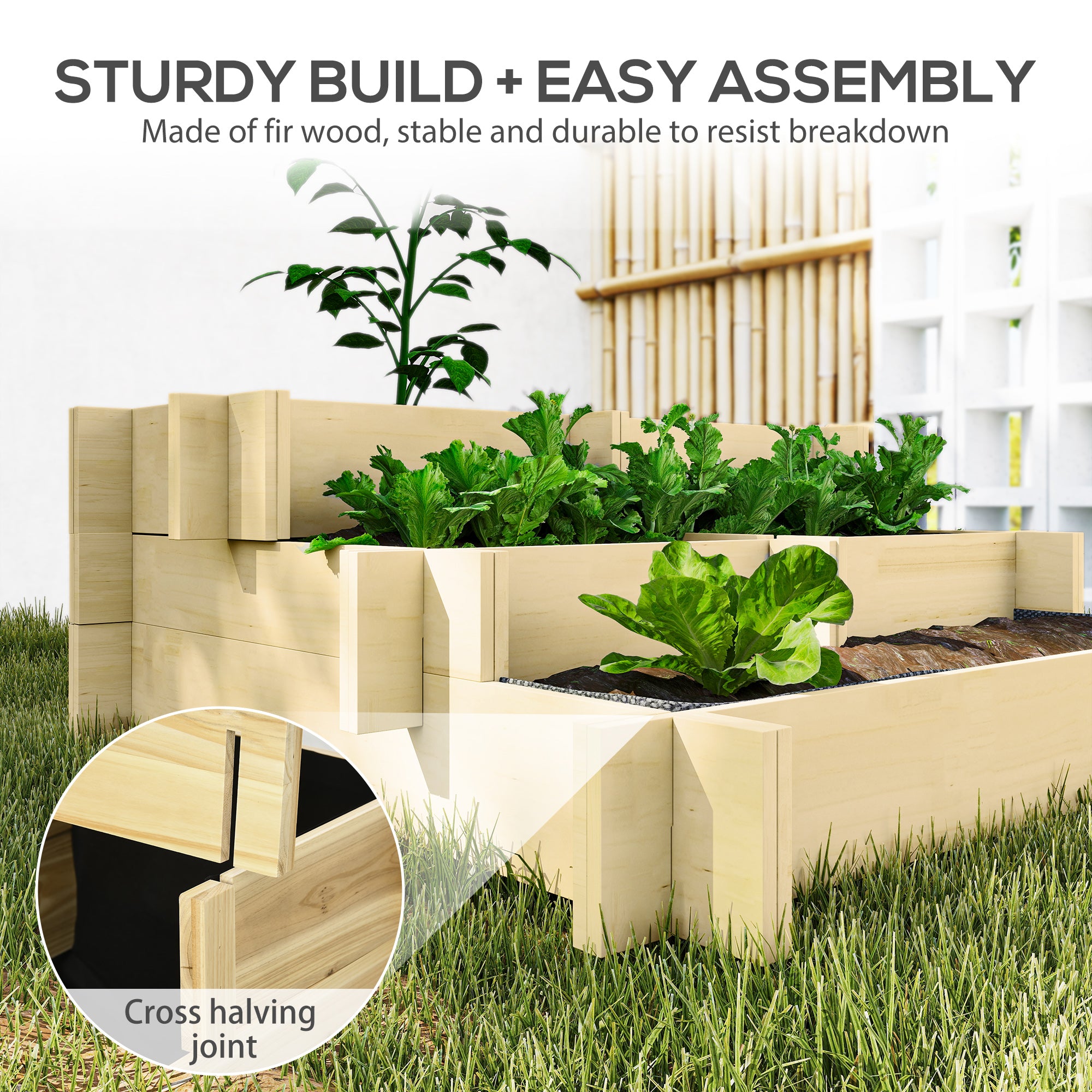 3 Tier Raised Garden Bed, Water Draining Fabric for Soil, Elevated Wood Flower Box for Vegetables, Herbs, Natural - Natural Wood - Image 6