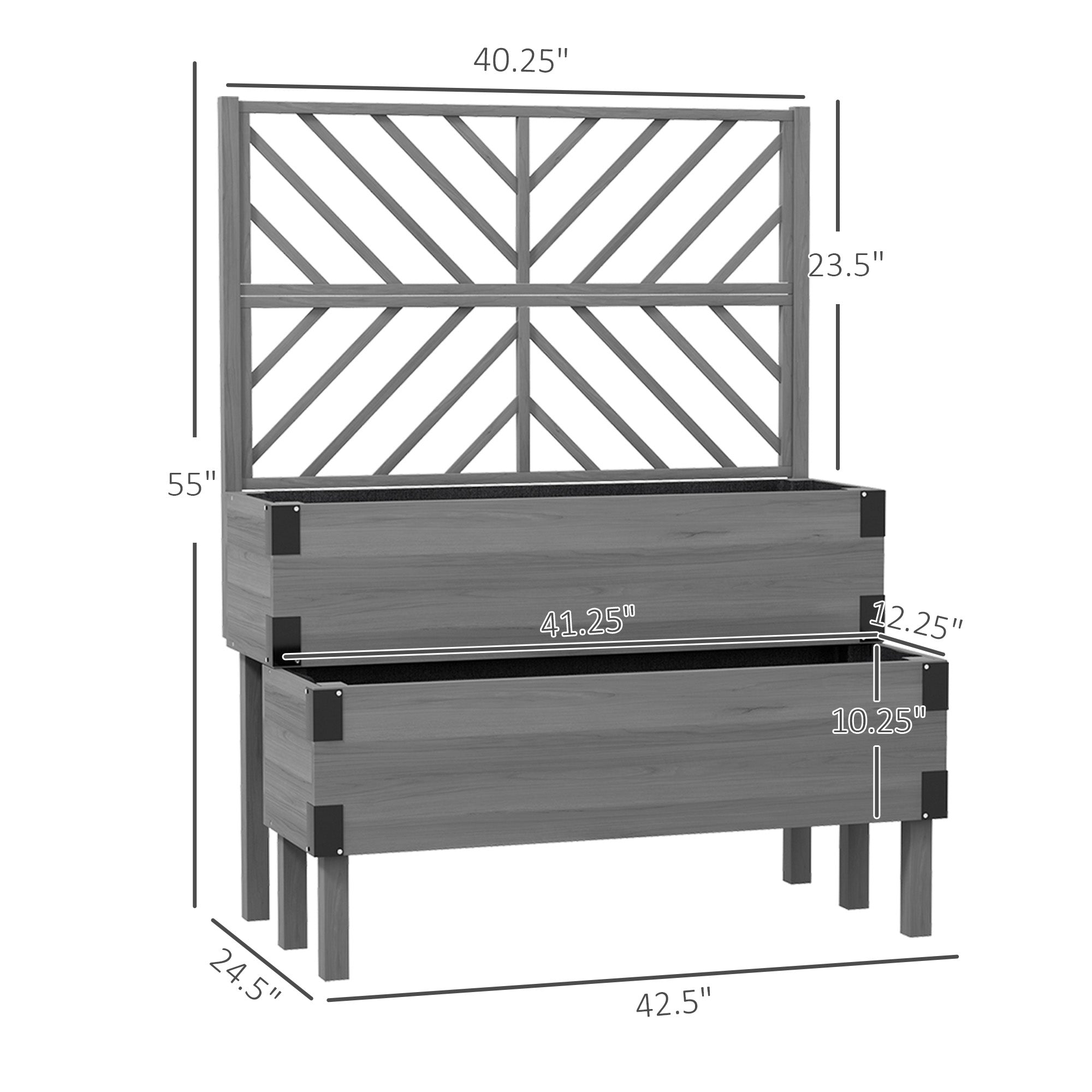 2 Tier Trellis Planter, Wooden Raised Garden Bed, Gray - Gray - Image 3
