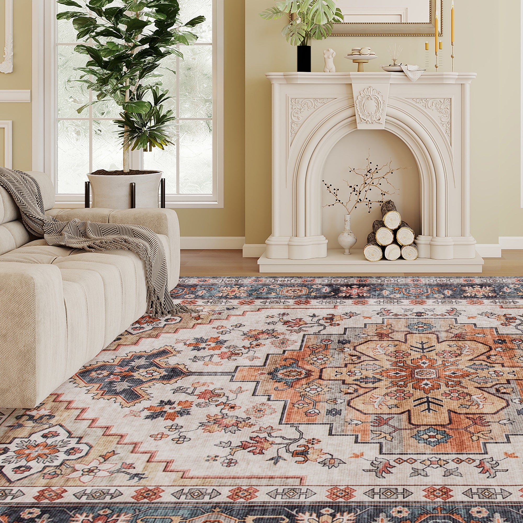 Area Rug 4x6, Machine Washable Rug, Non-Slip Boho Print Pattern Medallion Carpet for Living Room, Bedroom, Tawny Brown