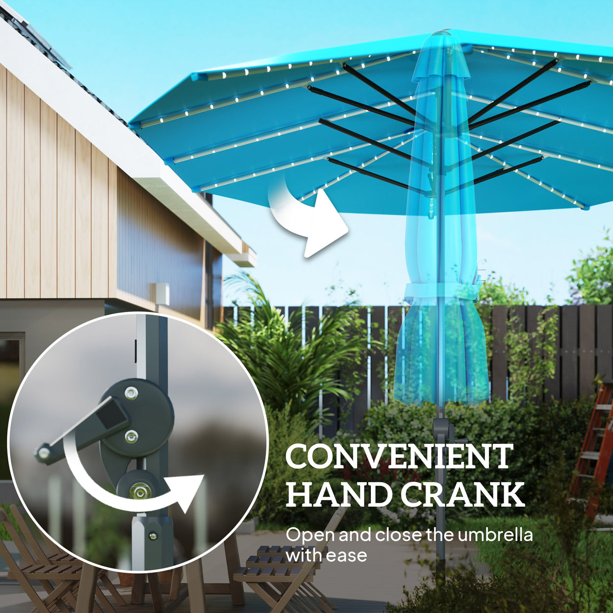 15ft Double-Sided Outdoor Umbrella with Solar Lights, UPF50+ Extra Large Aluminum Patio Umbrella with Crank, Blue