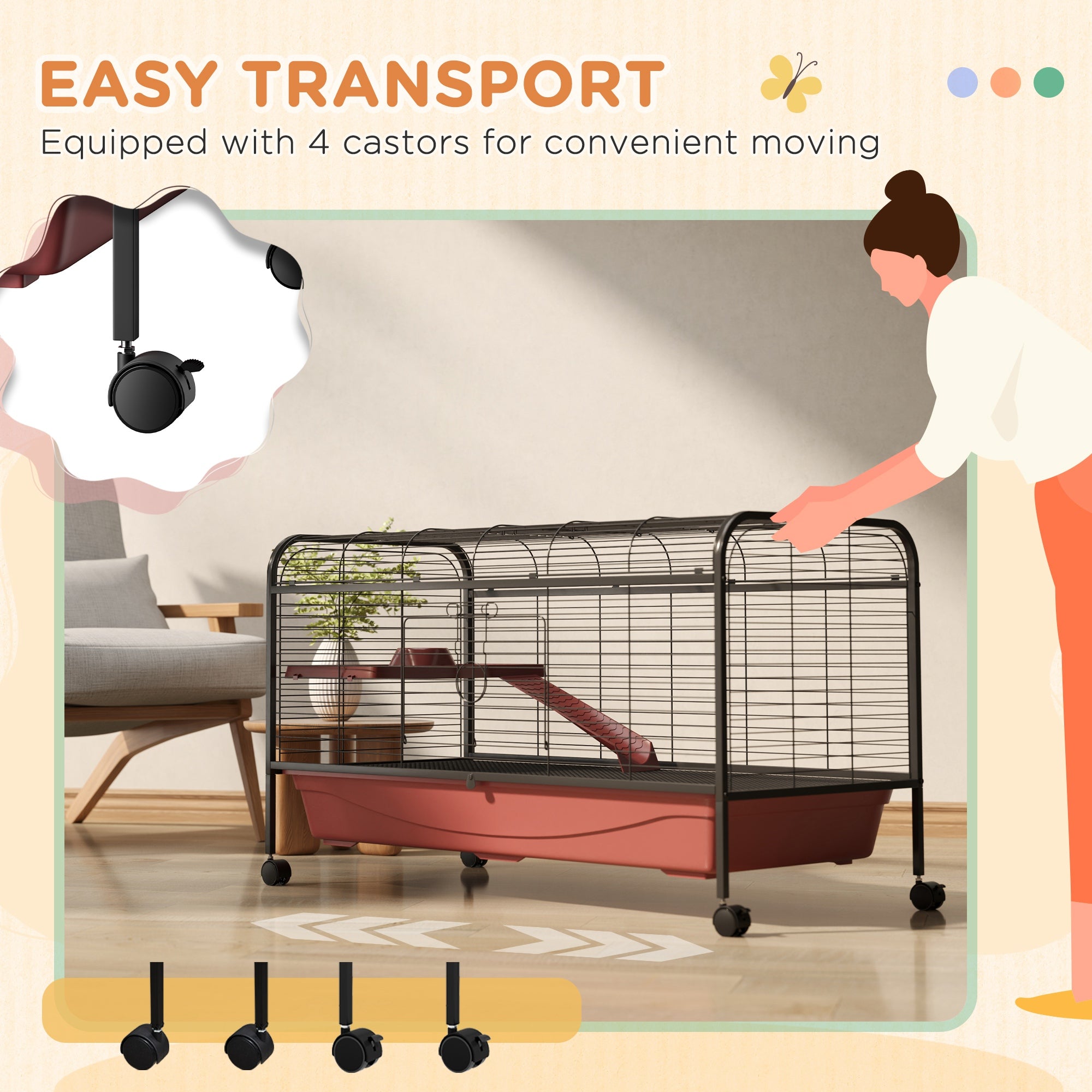 48" L Small Animal Cage, Pet Play House for Rabbit Hutch or Ferret with Feeder, Rolling Wheels, Platform, Ramp - Red and Black - Image 6