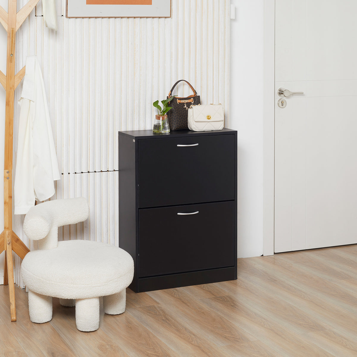 Shoe Cabinet with 2 Flip Drawers, Narrow Shoe Storage Cabinet with Adjustable Shelves for Entryway, Hallway, Black