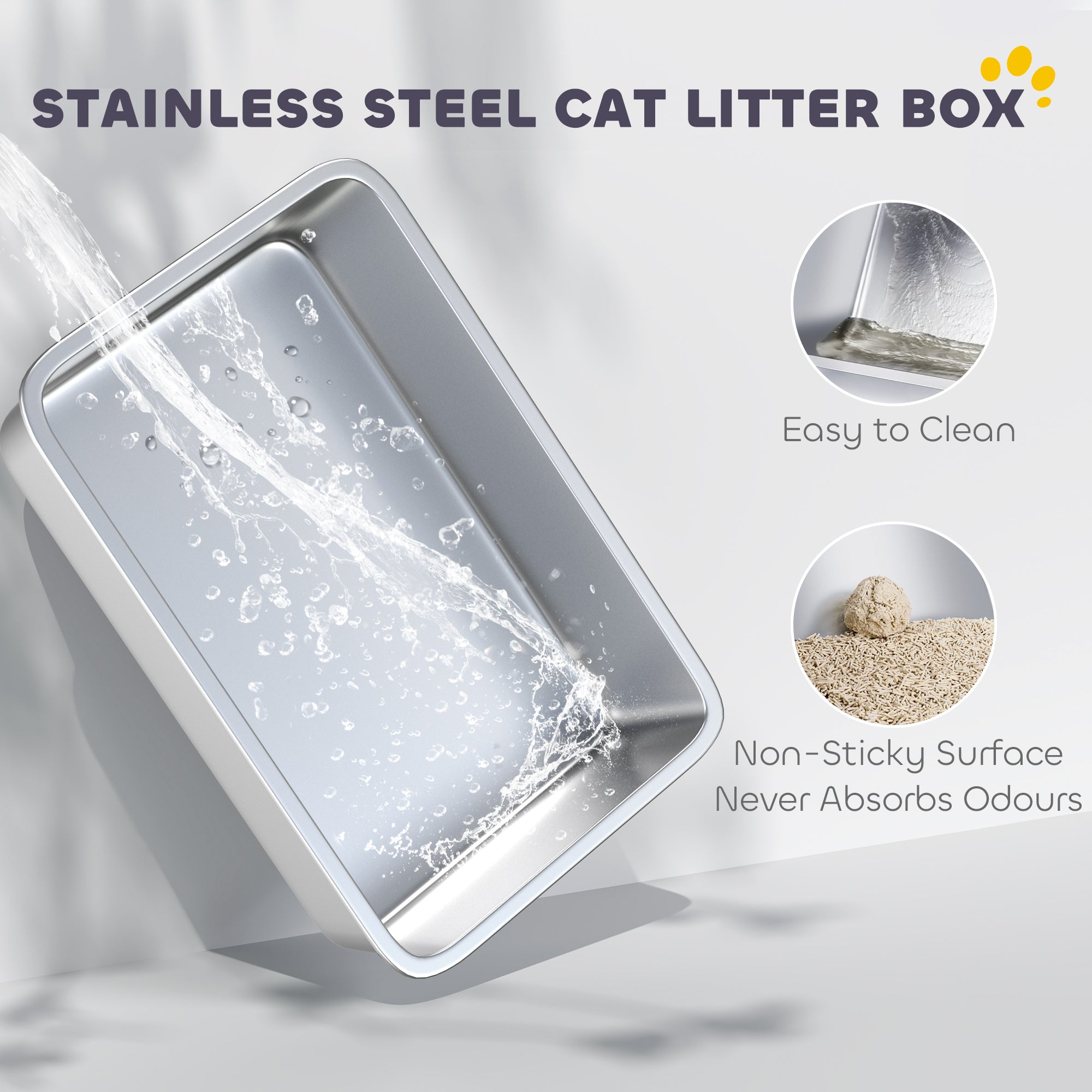 Stainless Steel Litter Box with High Sides, Metal Cat Litter Box with Scoop, Pedal, Anti-Urine Leakage, Non-Sticky - Gray - Image 4