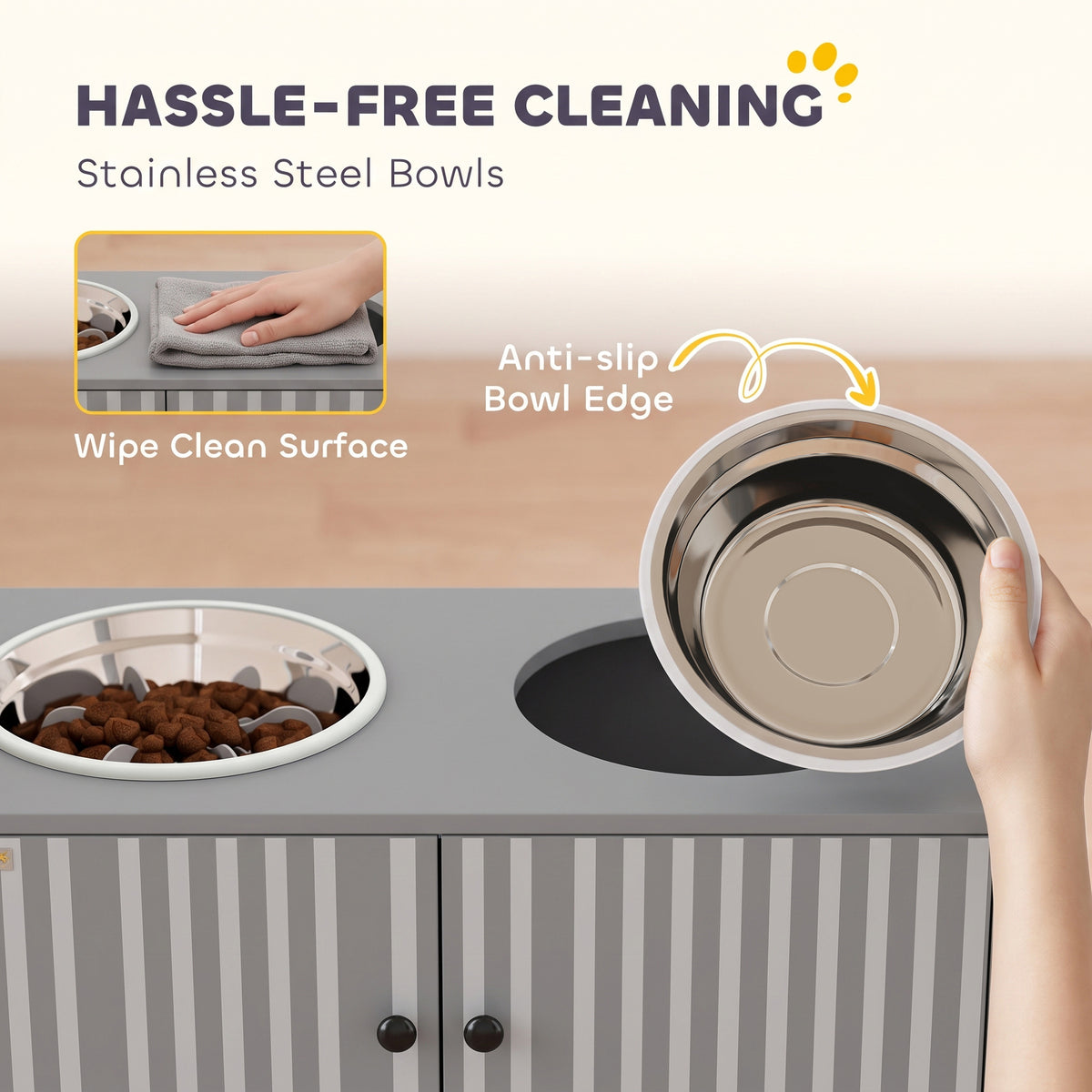 Elevated Dog Bowls with Storage Cabinet, 2 Stainless Steel Bowls, Slow Feeder, Dog Feeding Station for Large Dogs, Gray