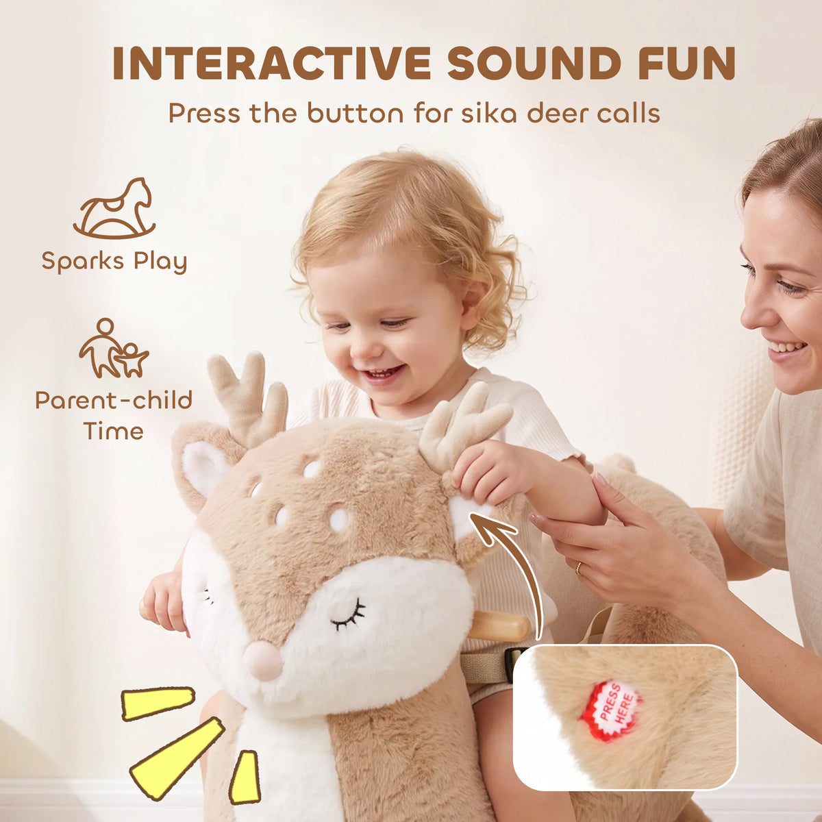 Baby Rocking Horse for Toddlers 1-3 Years, Spotted Deer Rocking Horse Toy with Sounds, Seat Belt and Widened Base, Brown
