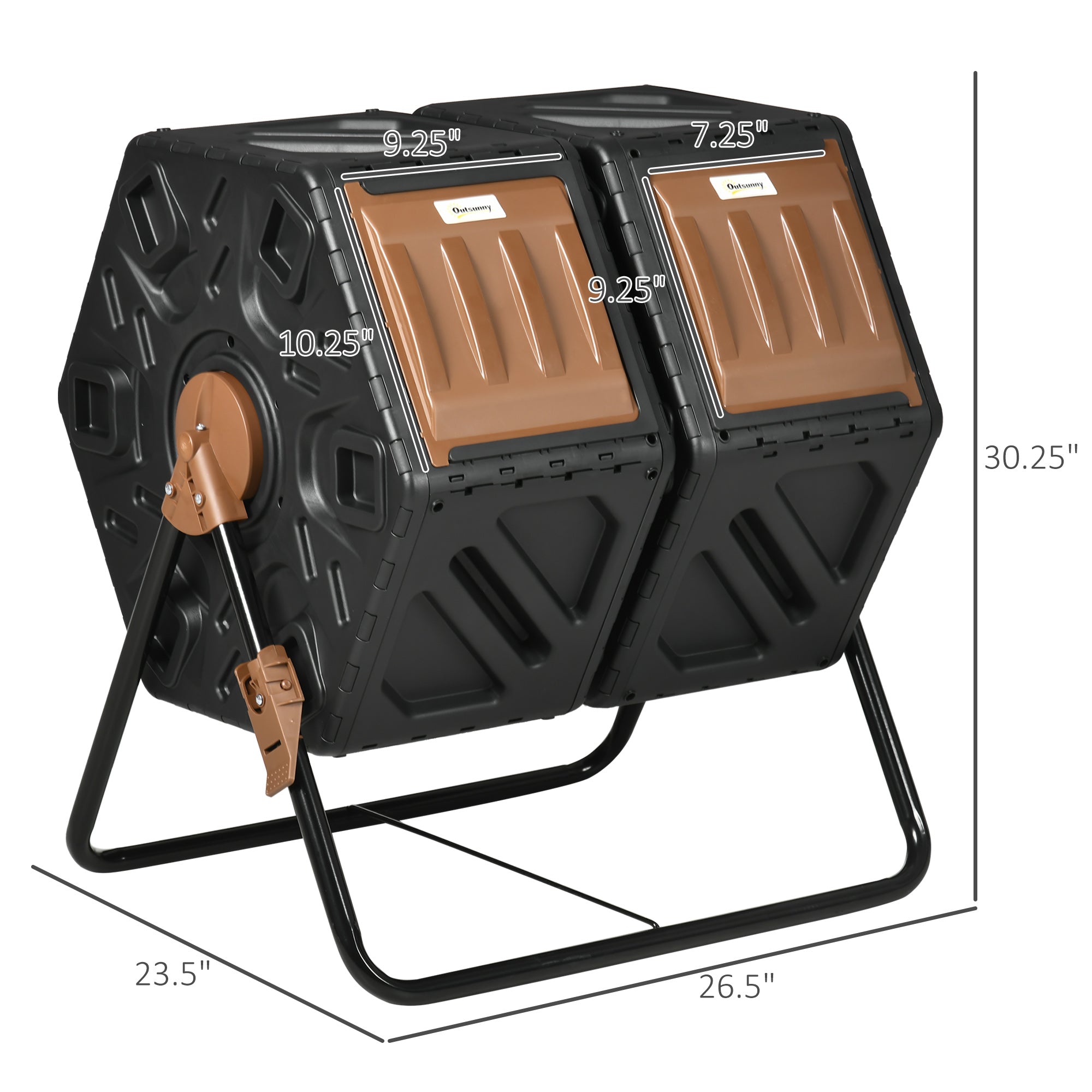 Dual Chamber Compost Tumbler Bin, Outdoor Tumbling Composter with 24 Ventilation Openings and Steel Legs, 34.5 Gallon - Brown, Black - Image 3