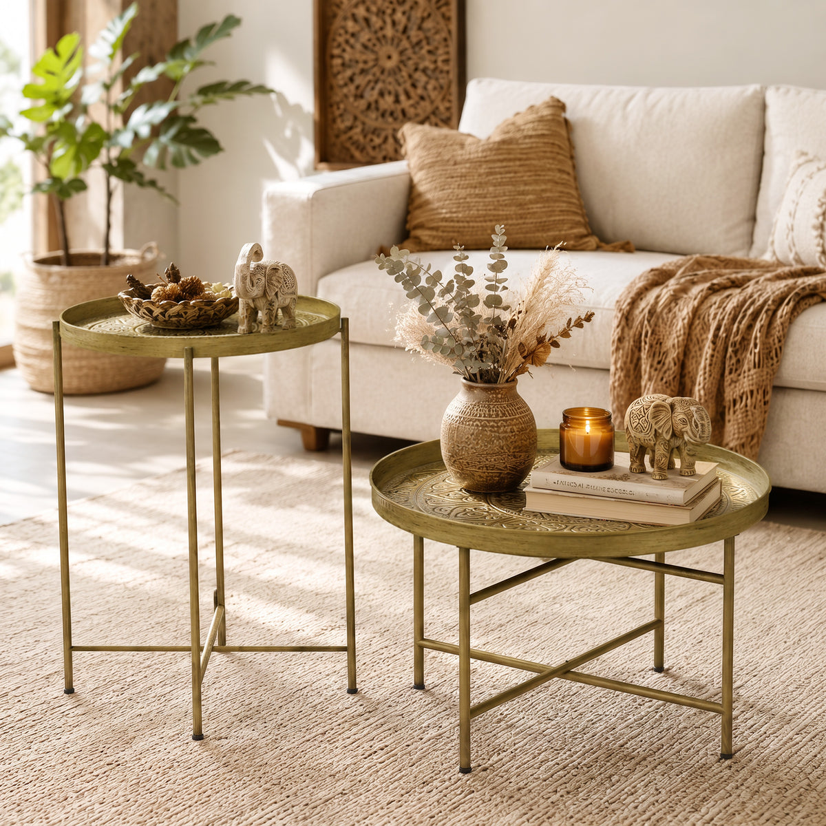 Coffee Table Set for Living Room, Round Center Table Set with Hammered Tray Top and Metal Frame for Bedroom, Gold