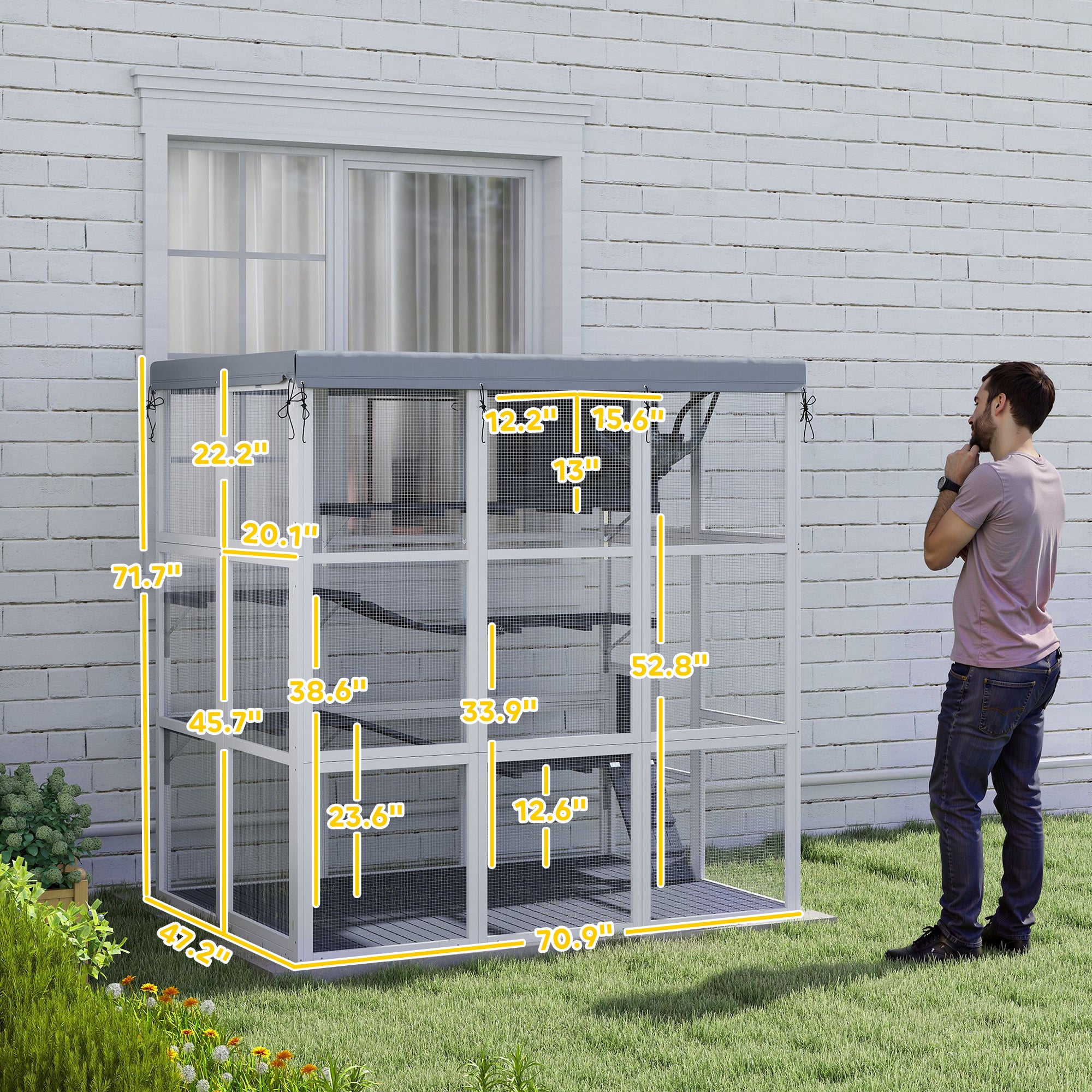 Large Outdoor Catio Cat Enclosure with Hammock, Condo, Jump Platforms, Ladders, Ramps, Tarp, for 2-4 Large Cats, Gray - Gray - Image 3