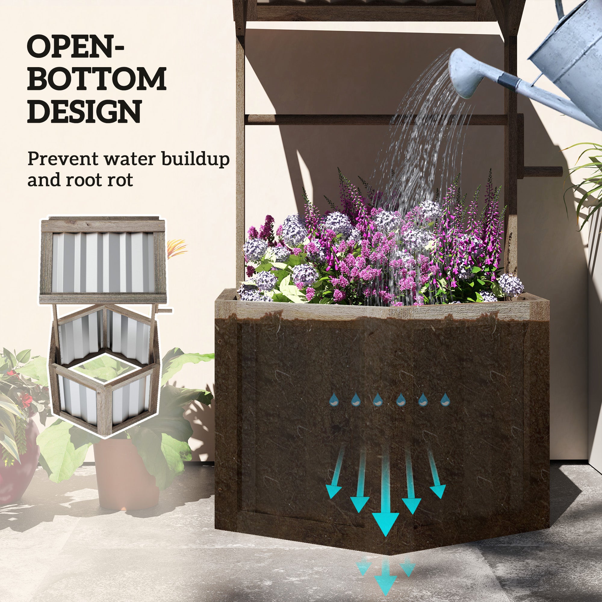 Wooden Wishing Well Planter, Raised Garden Bed with Galvanized Canopy, Hexagon Raised Flower Bed for Garden, Light Gray - Light Gray - Image 7
