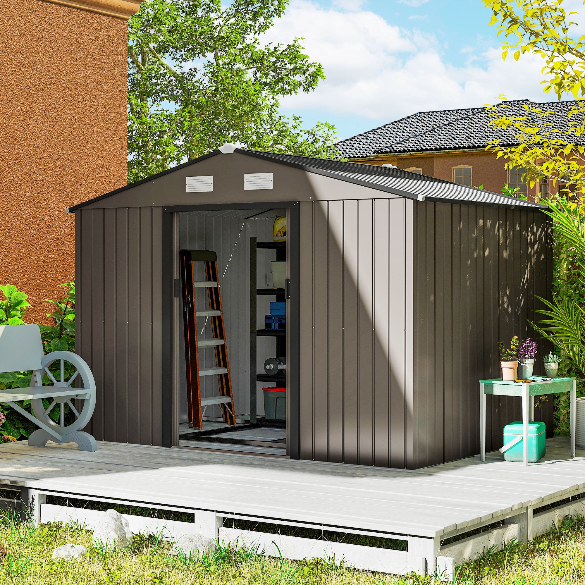 Outdoor Shed Garden Storage Shed Tool Storage Building with 4 Vents and 2 Sliding Doors, 9 x 6 FT, Brown - Brown - Image 2