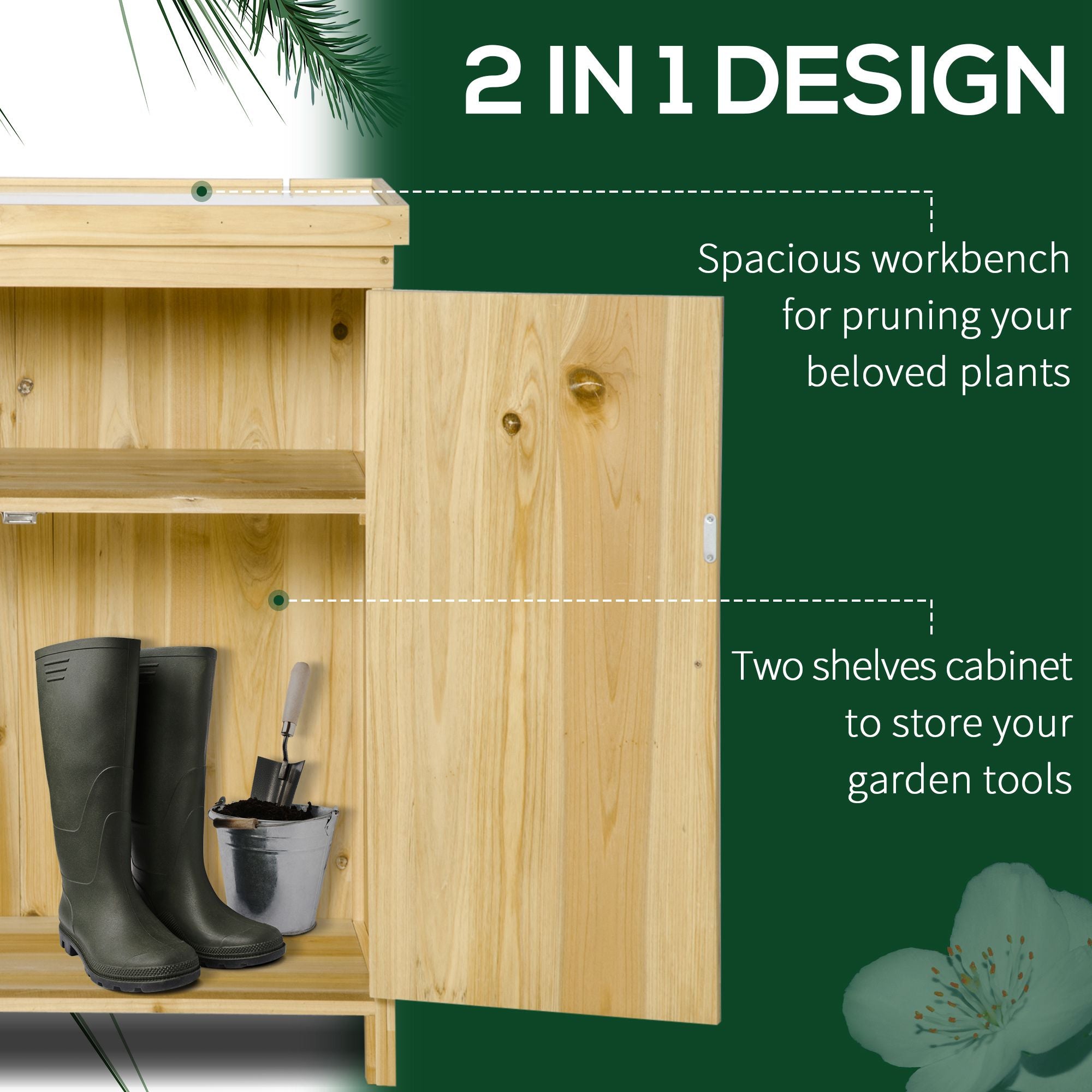 Garden Storage Cabinet, Outdoor Tool Shed with Galvanized Top and Two Shelves for Yard Tools or Pool Accessories, Natural - Natural Wood - Image 4