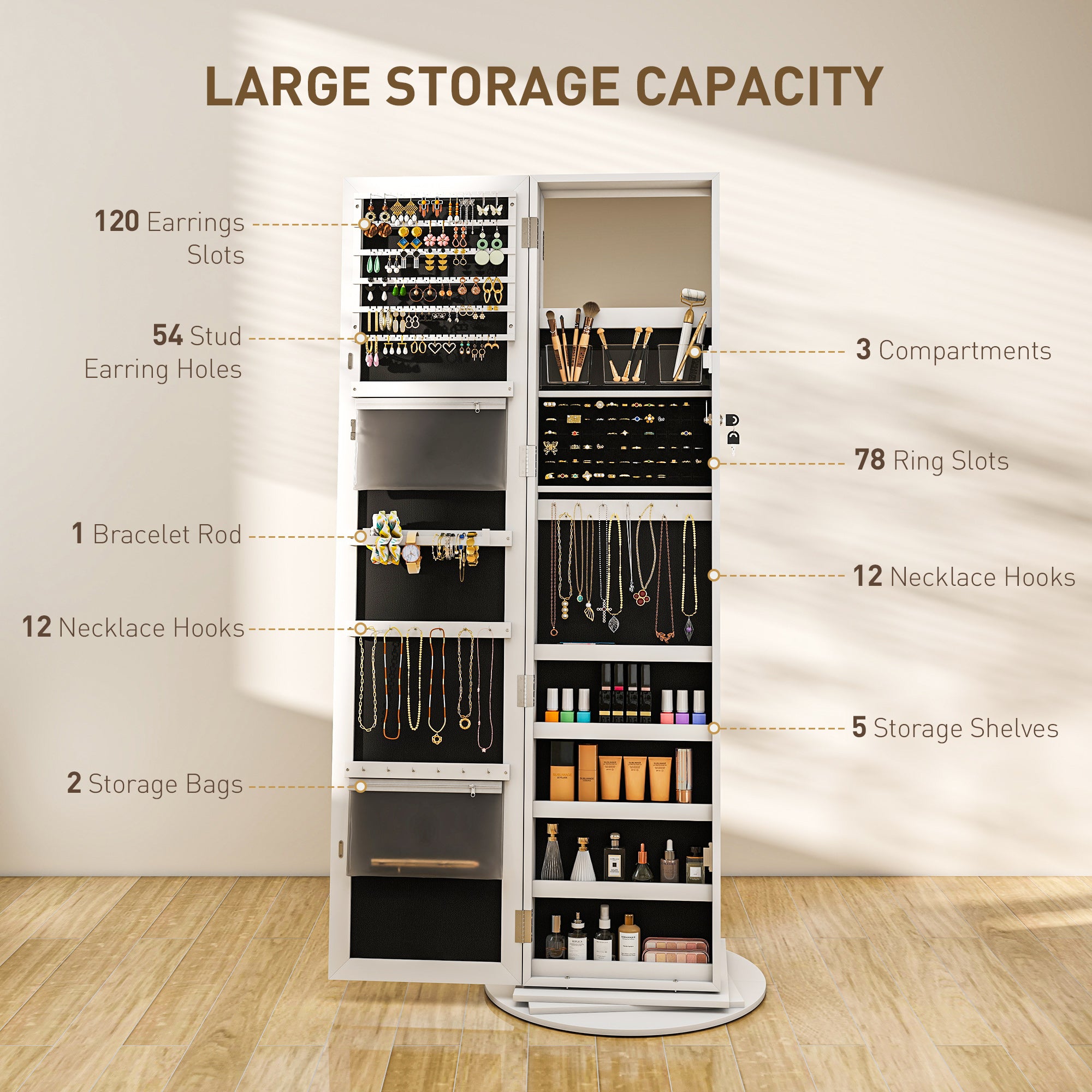 360° Swivel Jewelry Armoire, Lockable Jewelry Cabinet with Full-Length Mirror, Storage Shelves, White
