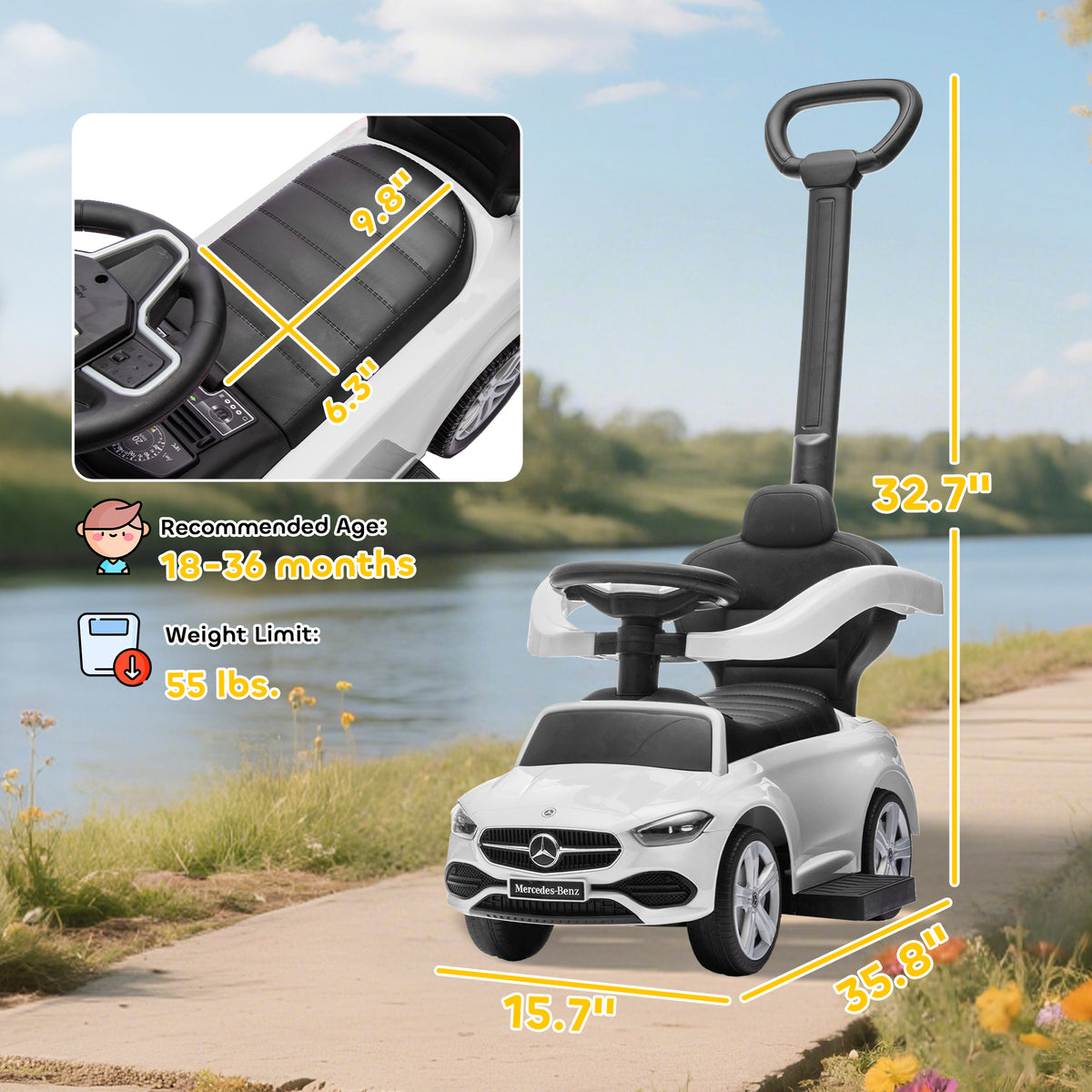 Qaba Mercedes-Benz C-Class Licensed Ride-On Push Car, Baby Stroller Walking Car with Parent Control Handle, Horn, White