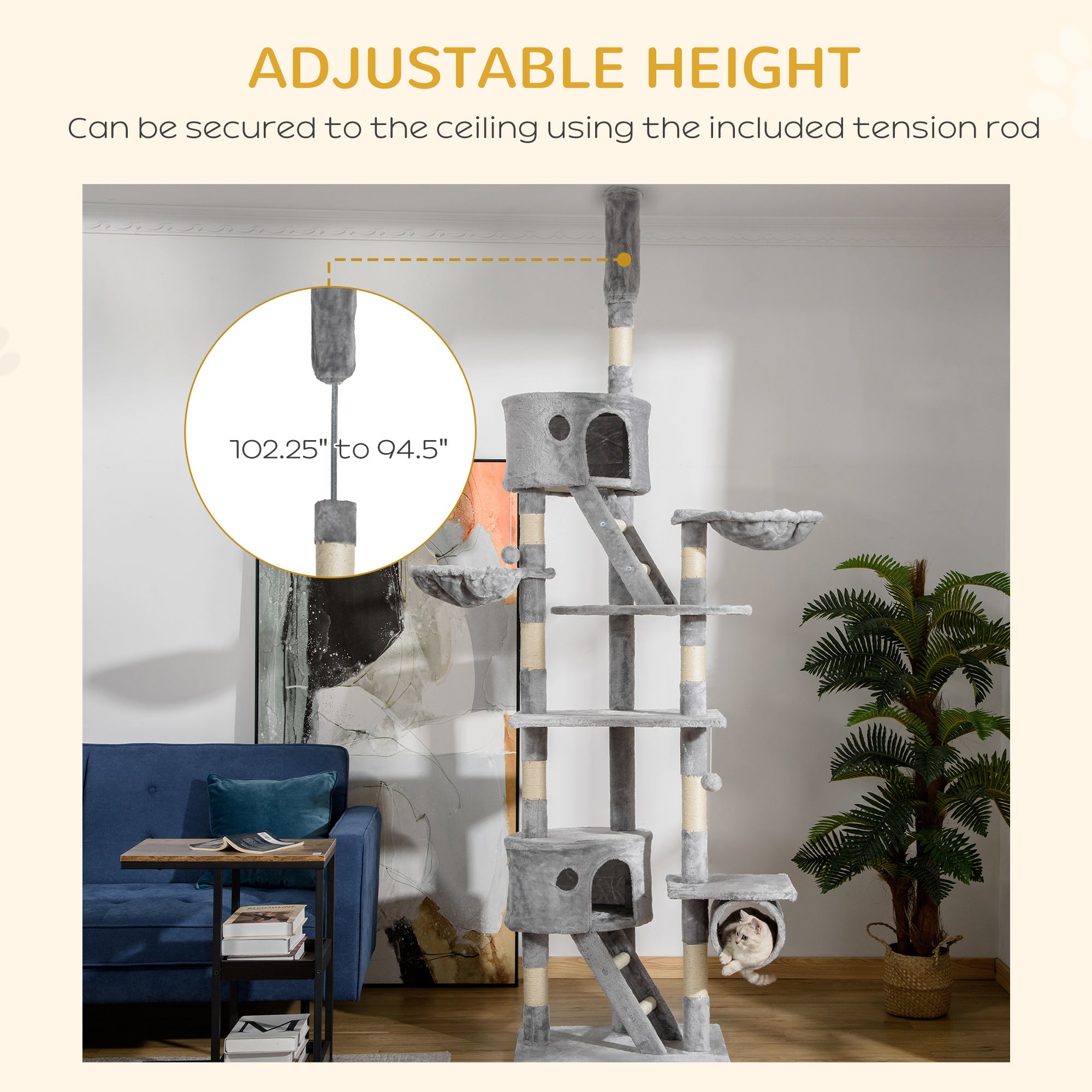 Floor to Ceiling Cat Tree, 94.5-102.5 inch Height Adjustable Cat Climbing Tower with Scratching Posts, Condos, Hammocks - Light Gray - Image 4