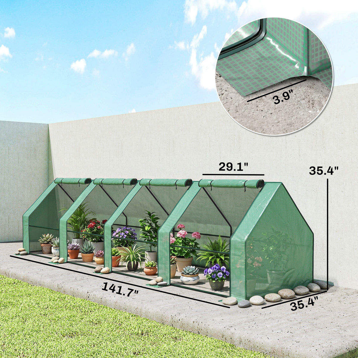 Portable Mini Greenhouse, Outdoor Garden with Large Zipper Doors and Water/UV PE Cover, 12' x 3' x 3', Green