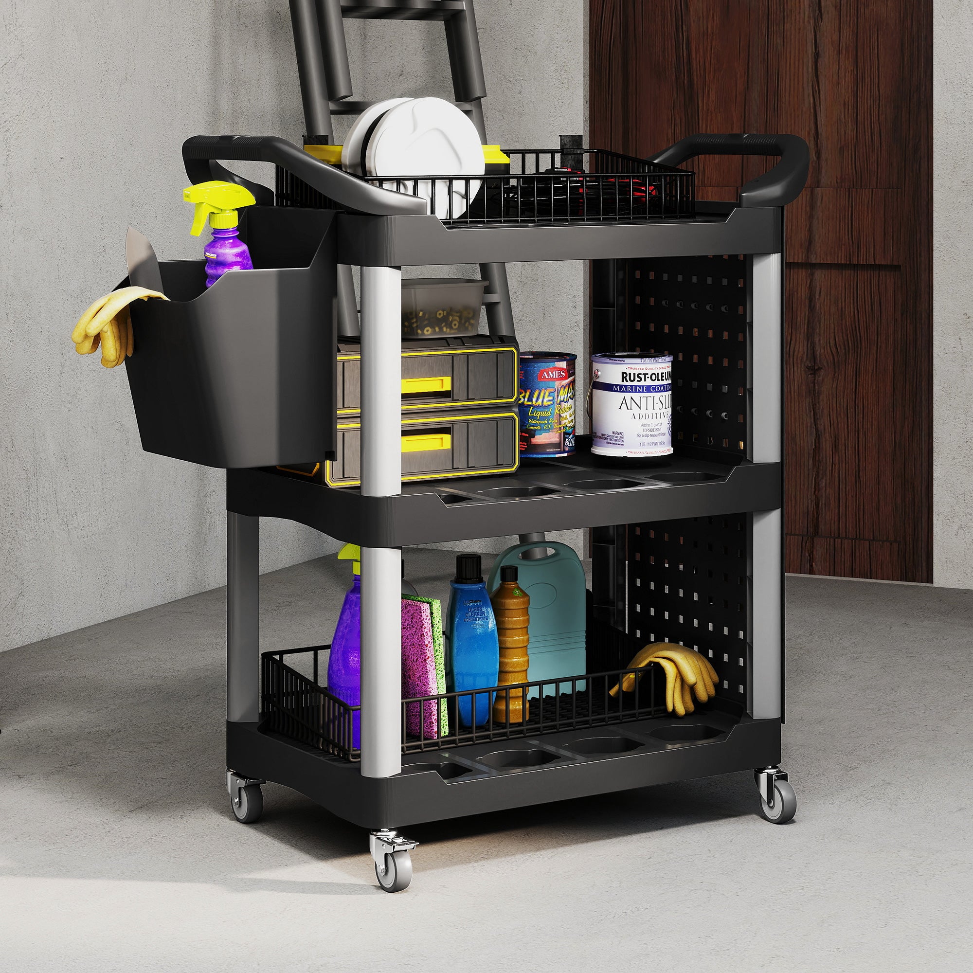 3-Tier Rolling Tool Cart, 200 LBS Capacity Plastic Utility Cart with Side Shelf and Bucket, Black and Light Gray