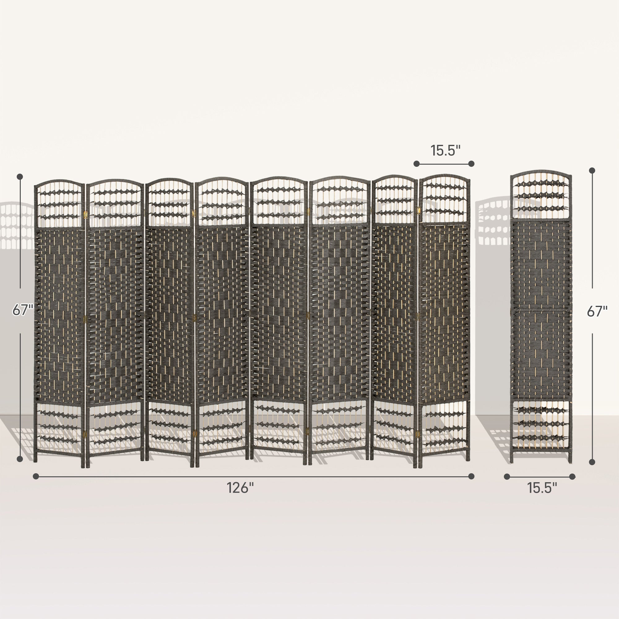 8 Panel Folding Room Divider Portable Privacy Screen Wave Fiber Room Partition for Home Office Dark Gray