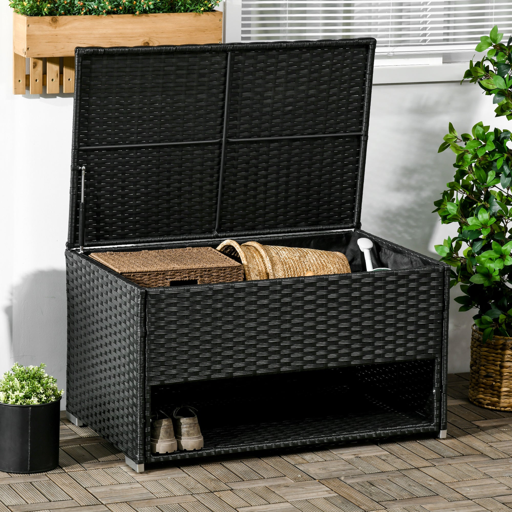 Outdoor Deck Box & Shoe Storage, PE Rattan Wicker Towel Rack with Liner for Indoor, Outdoor, Patio Furniture Cushions, Pool, Garden Tools, Black - Black - Image 2