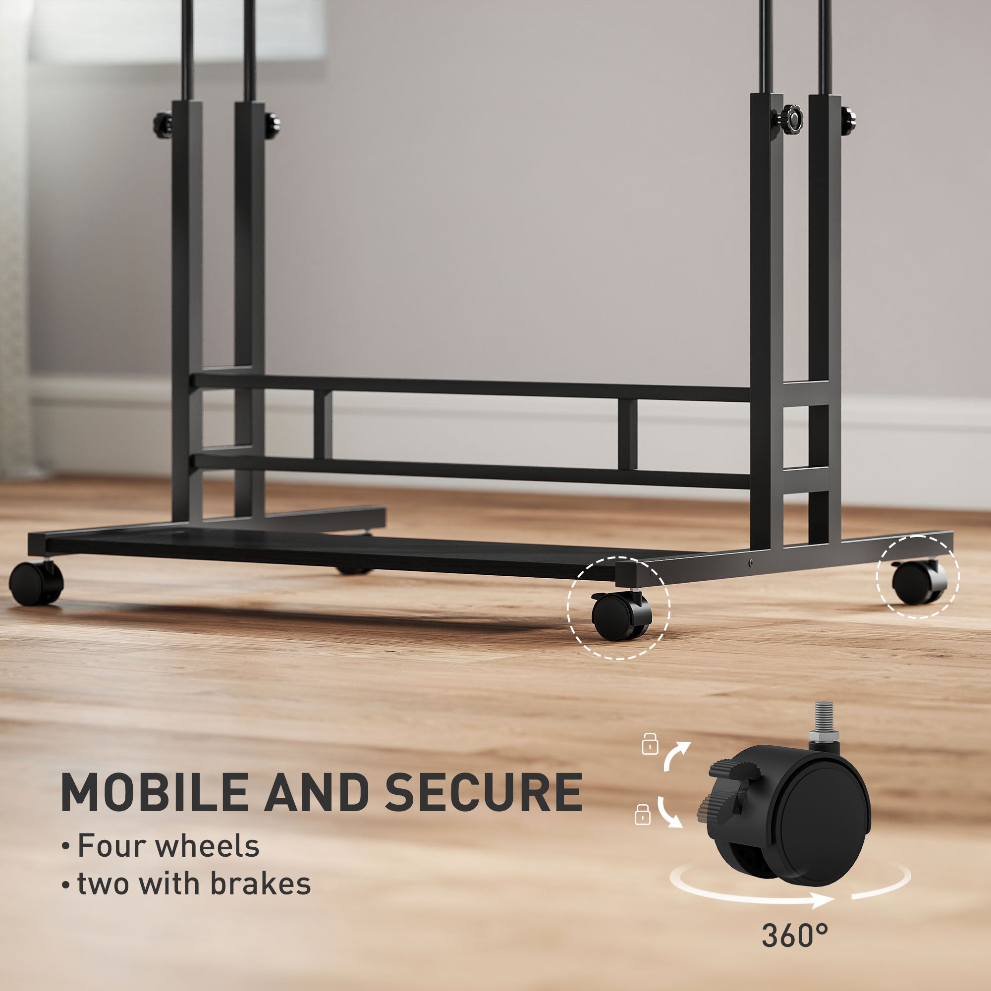 Adjustable Standing Desk with Power Outlets, Stand Up Desk with Tiltable Tabletop, Wheels, Shelf, for Home Office, Black