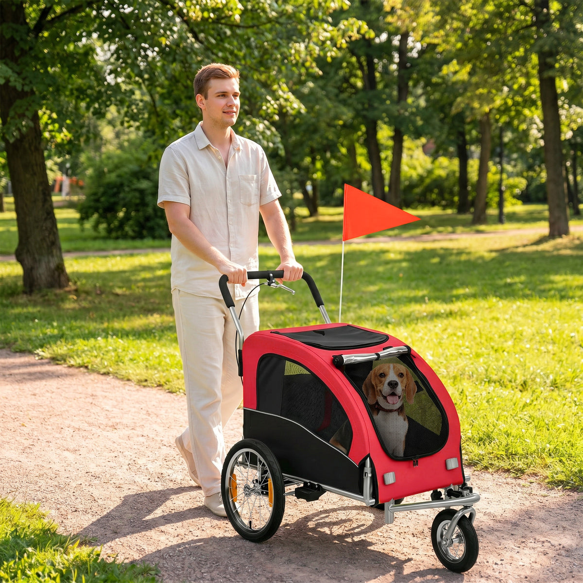 2 in 1 Dog Bike Trailer, Foldable Pet Stroller, Dog Bicycle Trailer with Suspension, for Medium Dogs up to 44 LBS, Red