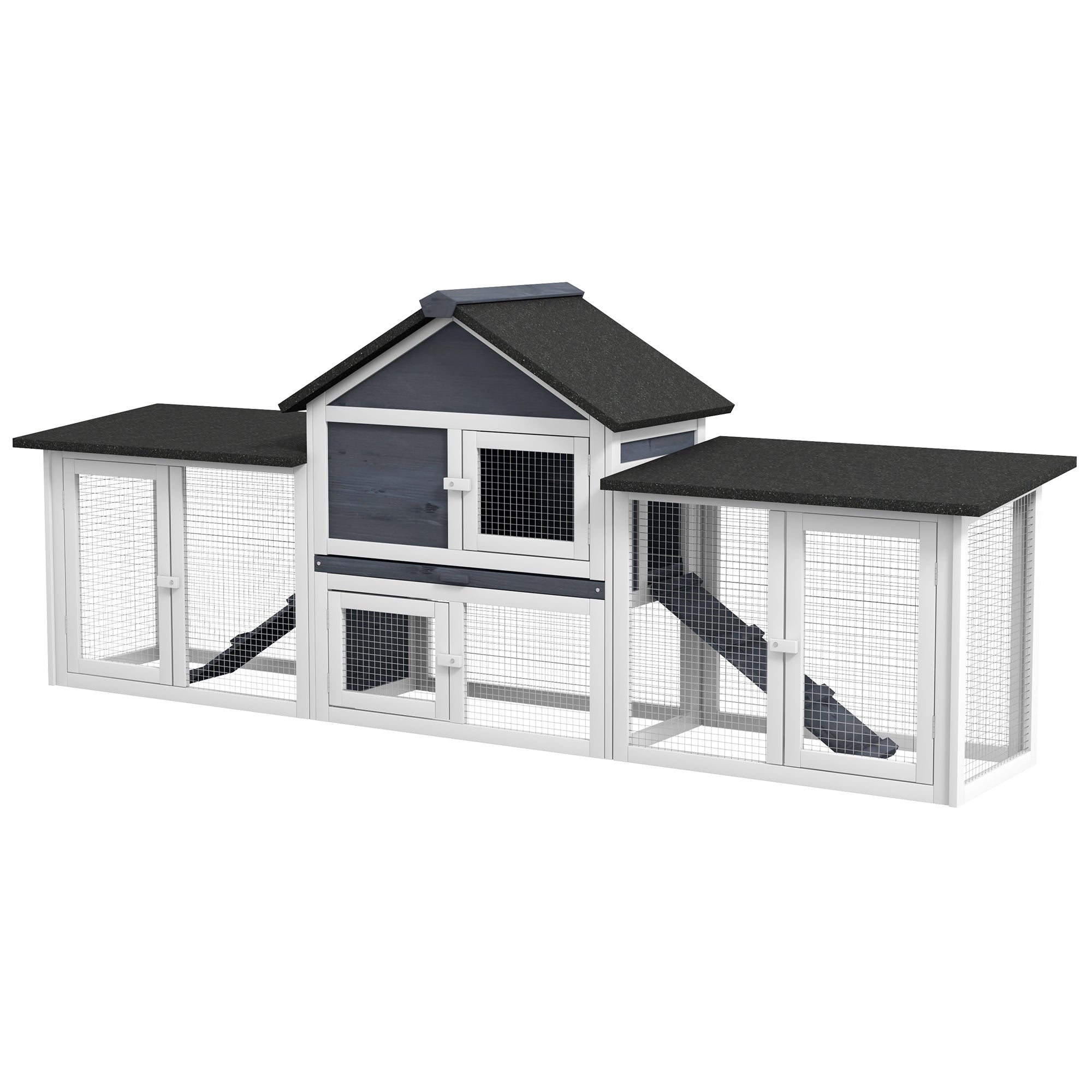 Outdoor Rabbit House 83" 2 Story Deluxe XL Wooden Rabbit Hutch, Big Bunny Cage w/ Ladder and Run, Dark Gray - Dark Gray