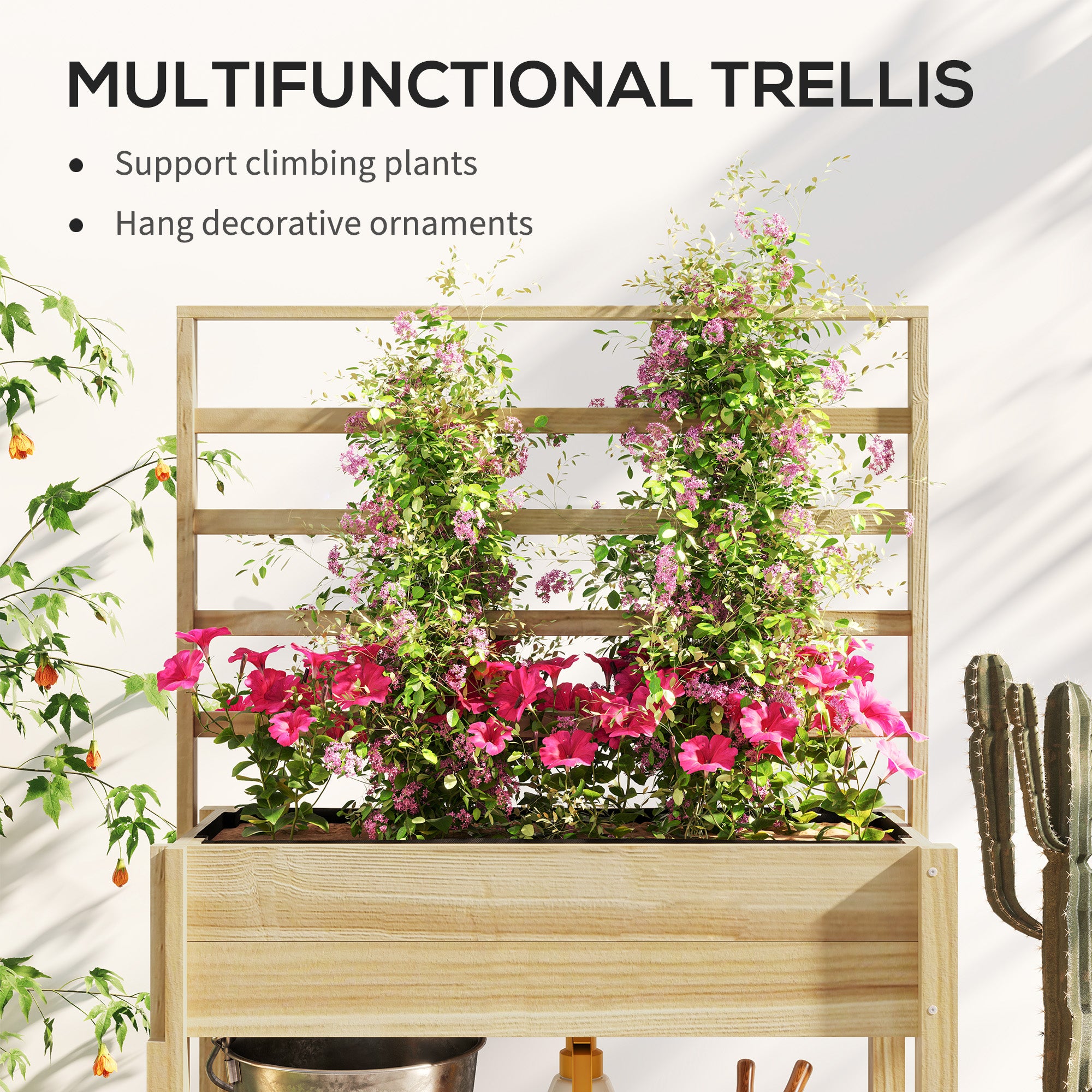 Wooden Raised Garden Bed with Trellis, Outdoor Planter Box with Storage Shelf for Vegetables, Flowers, Herbs - Natural Wood - Image 4