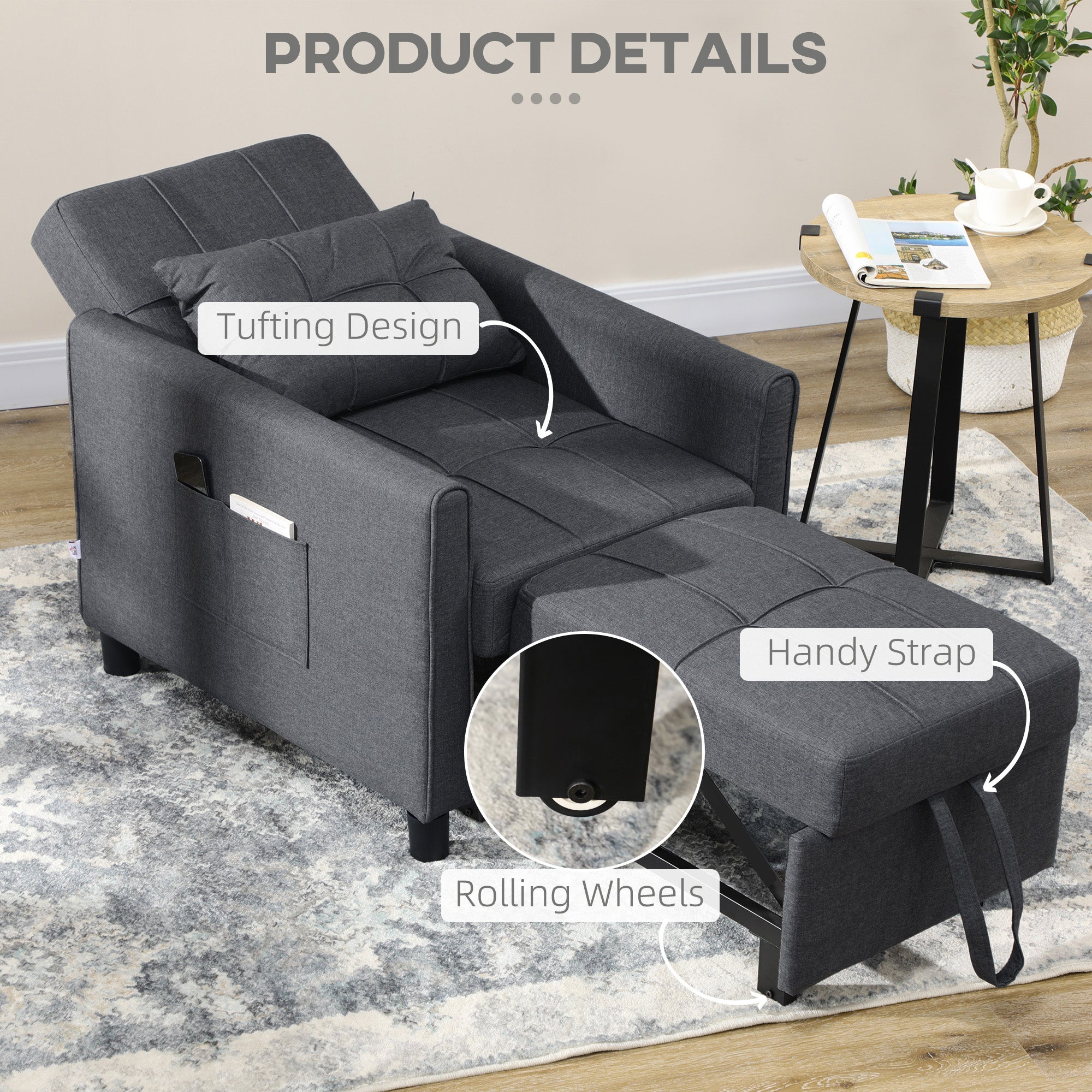 3-in-1 Convertible Chair Bed, Multi-Functional Single Sofa Bed, Pull Out Sleeper Chair with Adjustable Backrest, Pillow, and Pockets, Gray