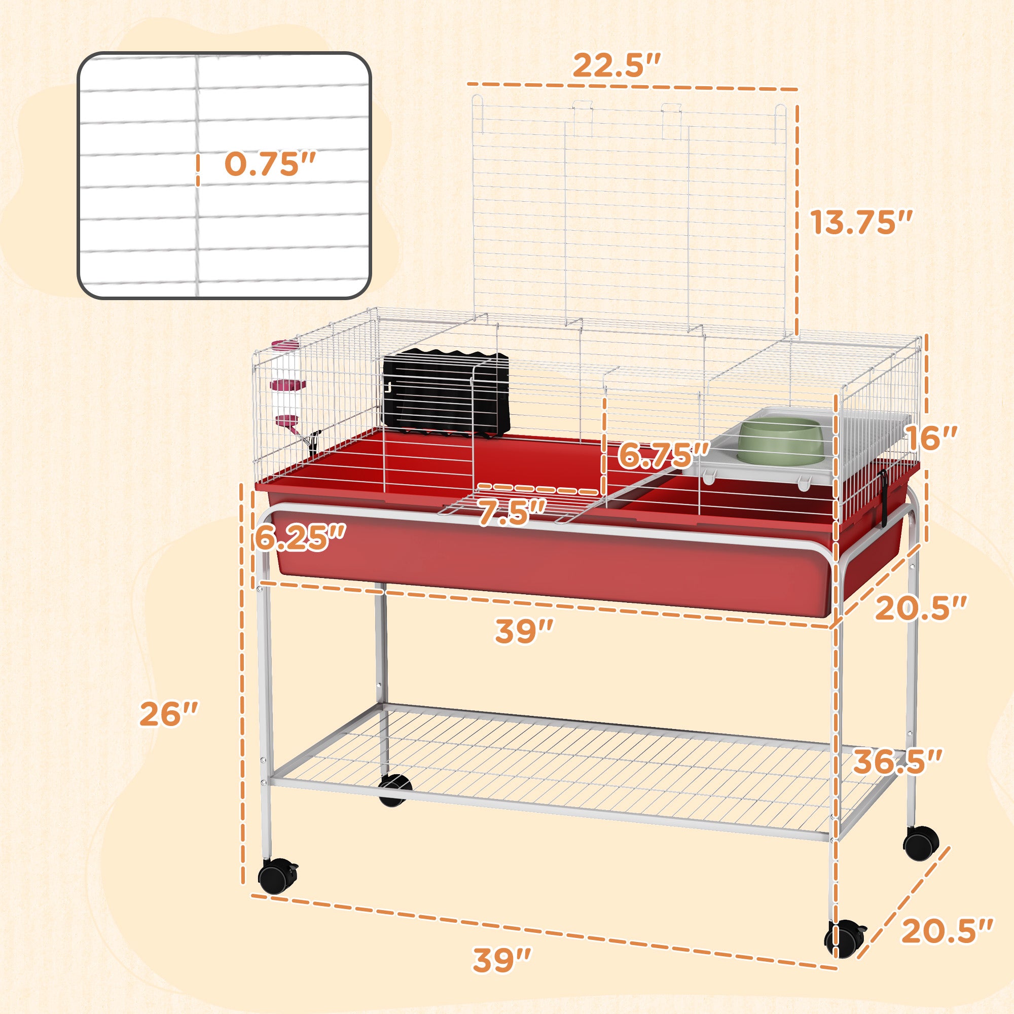Two-Story Small Animal Cage Removable from Stand, Pet Habitat with Shelf & Wheels, 39" x 20.5" x 36.5", Red - Red - Image 3