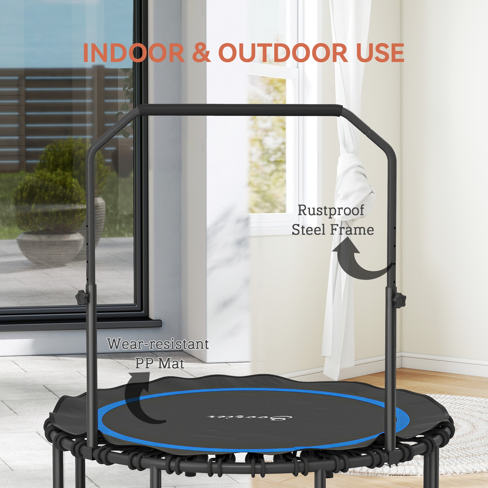 45" Rebounder Trampoline for Adults, Foldable Mini Trampoline with Adjustable Handle Bar for Indoor Outdoor, Blue
