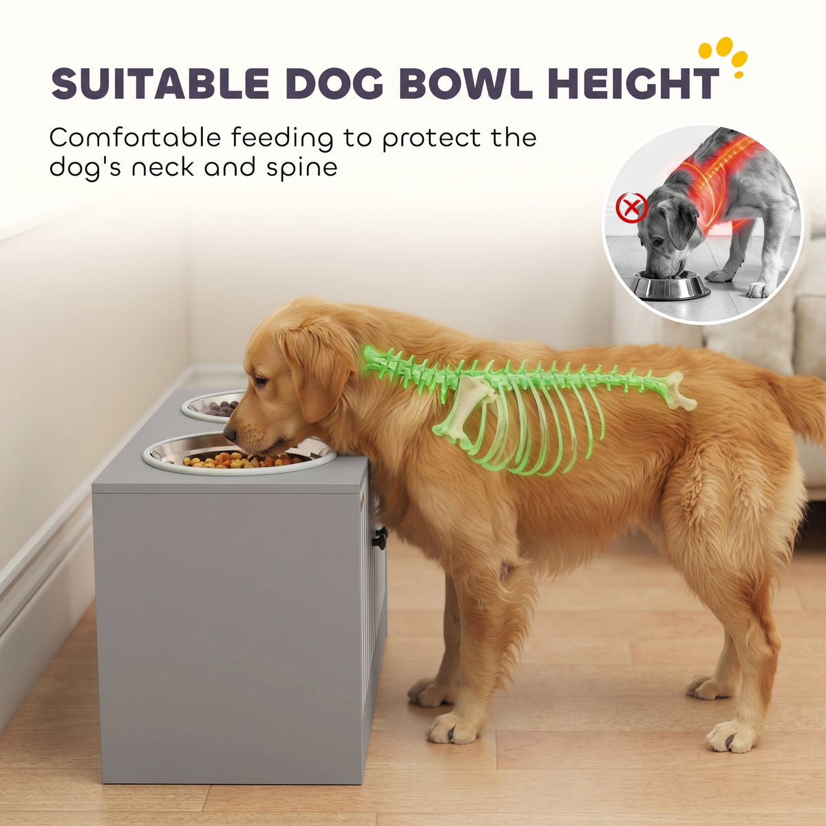 Elevated Dog Bowls with Storage Cabinet, 2 Stainless Steel Bowls, Slow Feeder, Dog Feeding Station for Large Dogs, Gray
