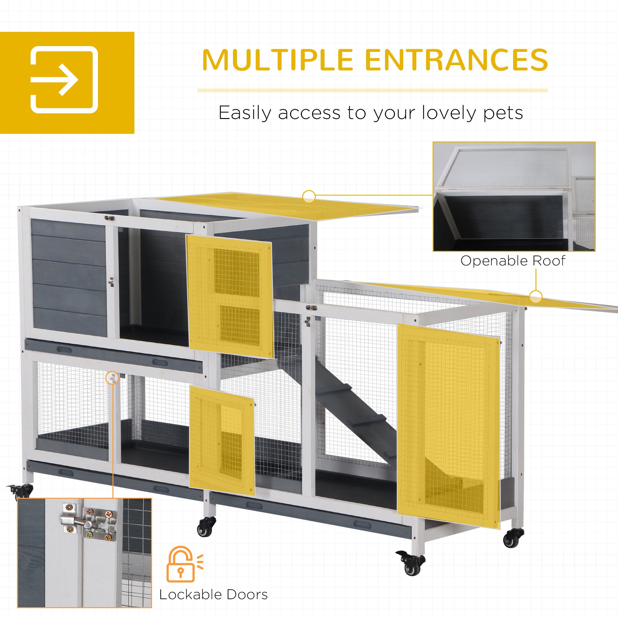 Wooden Rabbit Hutch Bunny Hutch Elevated Pet House Cage Small Animal Habitat with No Leak Tray Lockable Door Openable Top for Rabbits, Chickens, Ducks, Indoor 57.75" x 18" x 32.5" Gray - Grey and White - Image 5