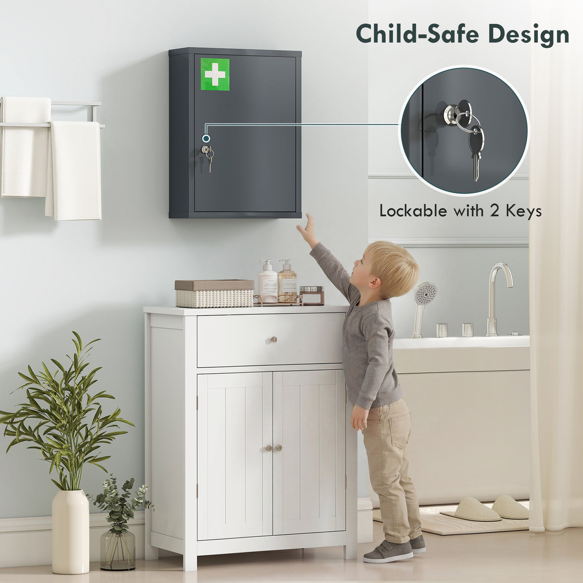 16" x 21" Lockable Medicine Cabinet, 3 Tier Steel Medical Wall Box with 2 Keys and Shelves for Bathroom, Gray