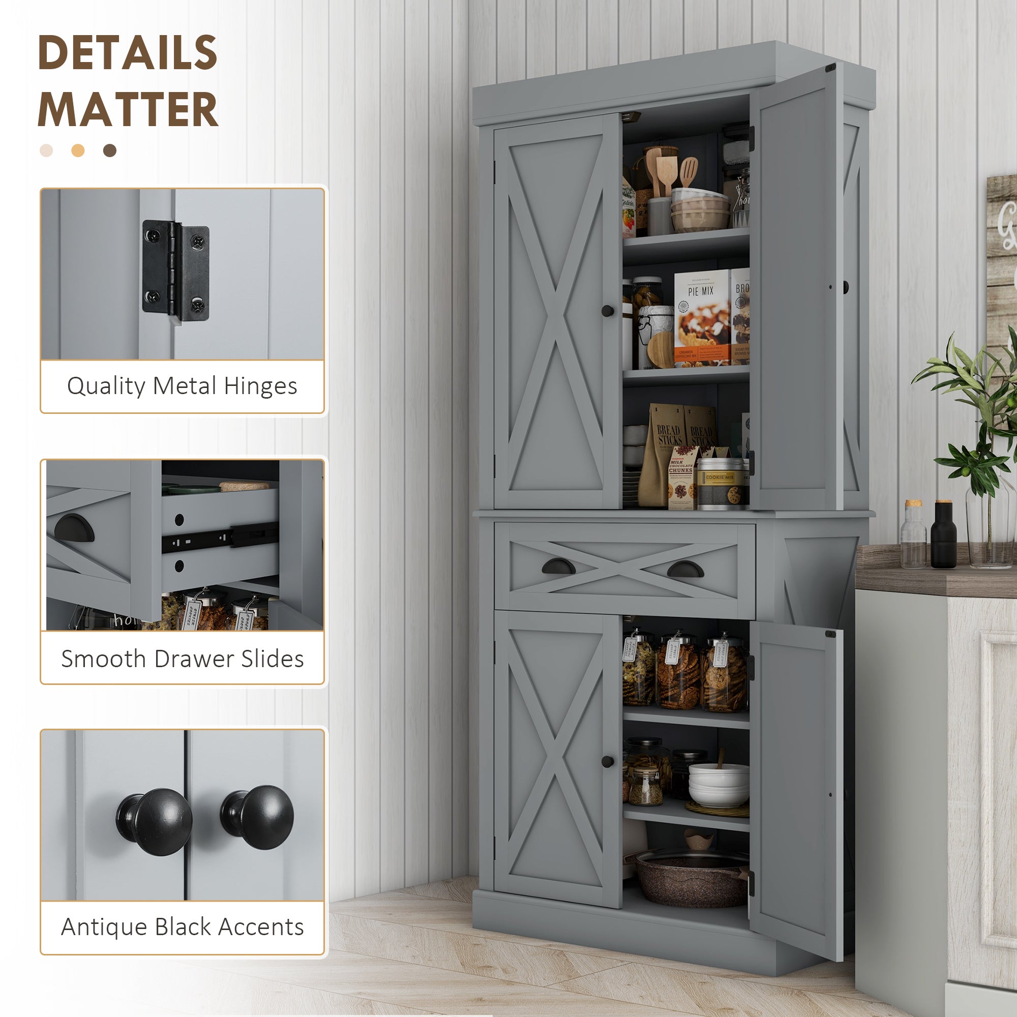 72" Kitchen Cabinet, Pantry Storage Cabinet with 4 Doors and 2 Adjustable Shelves, Large Central Drawer, Gray