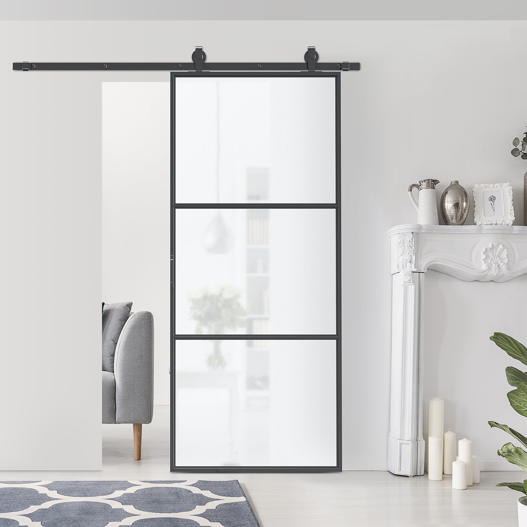 36" x 84" Sliding Door with Hardware Kit, Handle, & Track, Frosted Tempered Glass Door, Easy Installation
