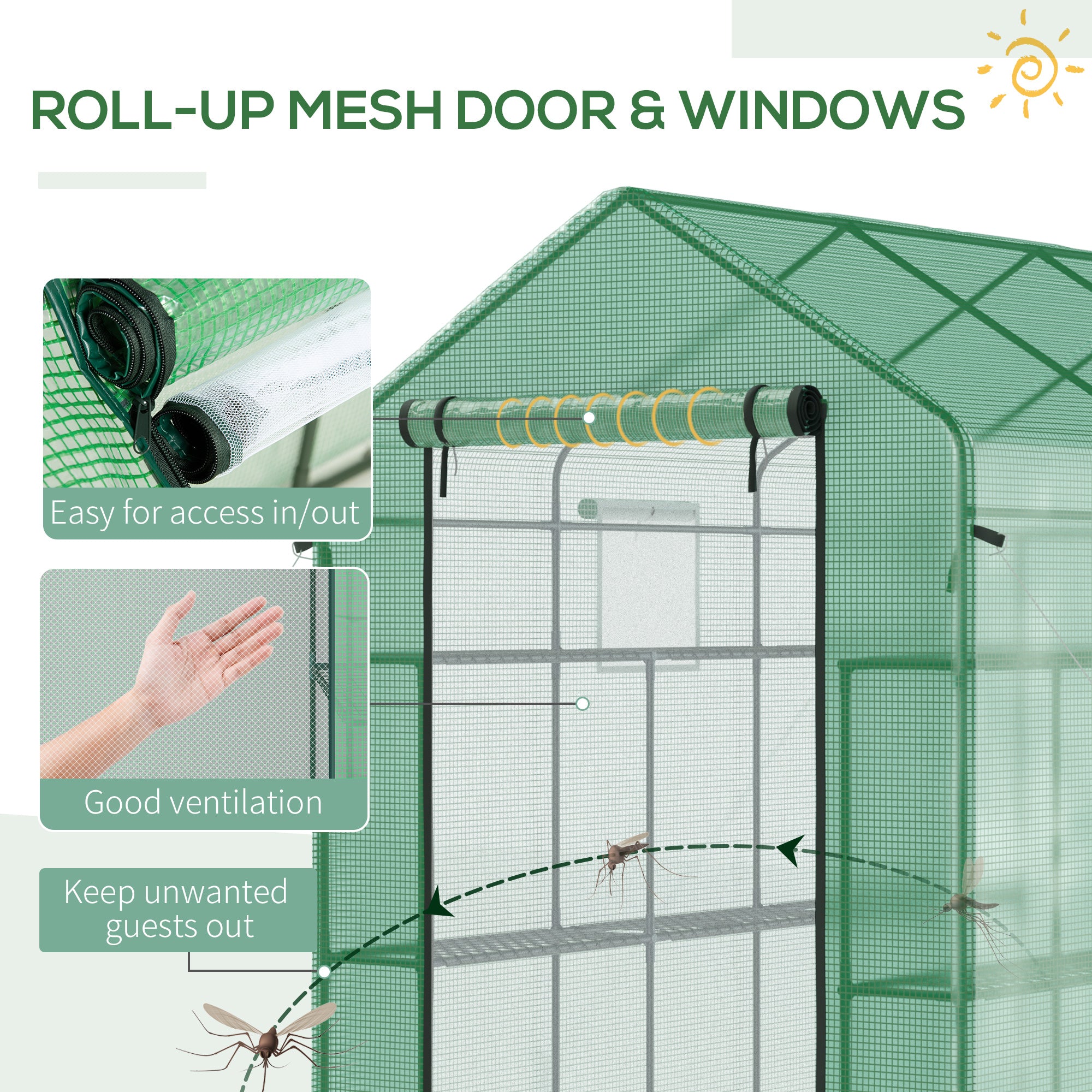 7' x 5' x 6' Walk-in Greenhouse for Outdoors with Mesh Door and Windows, 18 Shelf Hot House with Trellis, Plant Labels, UV Protective for Growing Flowers, Herbs, Vegetables, Saplings, Green - Green - Image 6