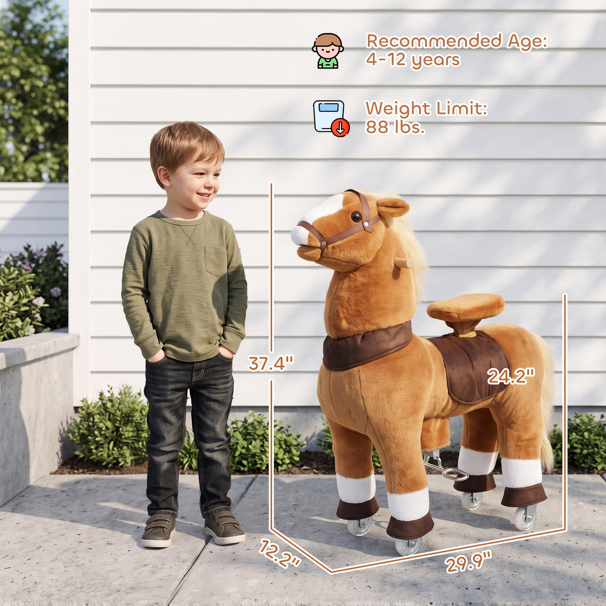 Ride on Horse for Kids 4-12 Years, 37.4 Inch Height Plush Riding Pony with Rolling Wheels for Active Play, Brown