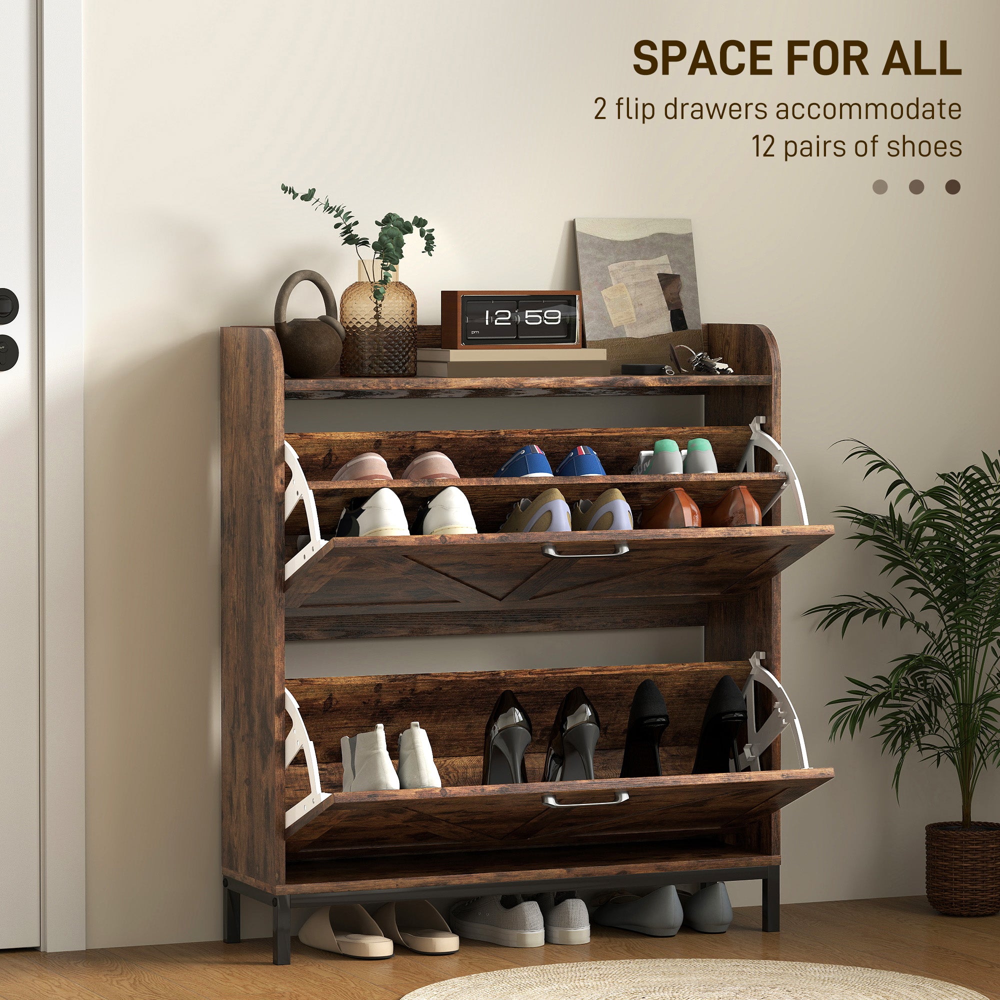 Shoe Cabinet Organizer with 2 Flip Drawers, Legs, Narrow Shoe Storage Cabinet for Entryway, Hallway, Rustic Brown - Rustic Brown - Image 4