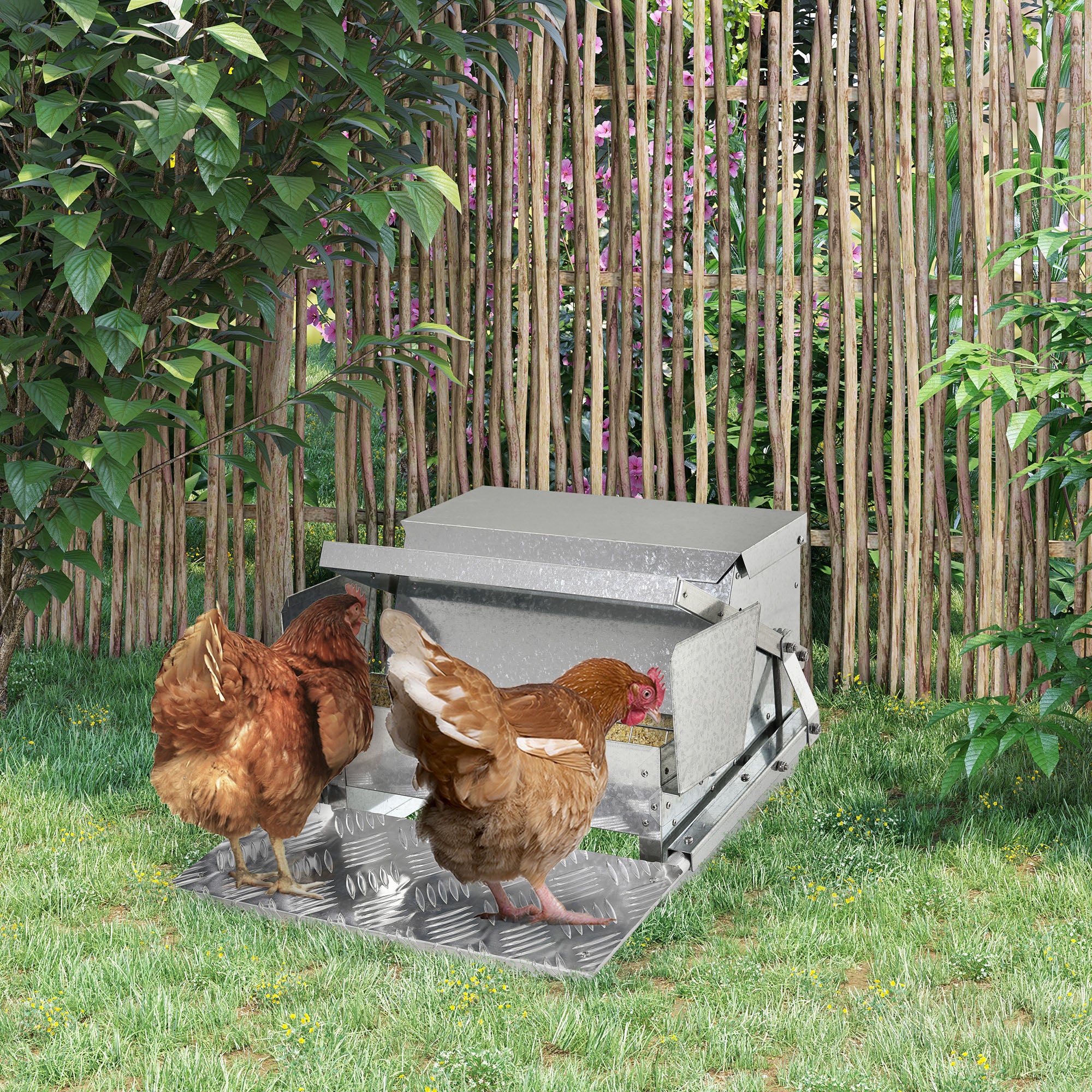 25 lbs Capacity Automatic Chicken Poultry Feeder with a Galvanized Steel and Aluminium Build, Weatherproof Design - Silver - Image 2