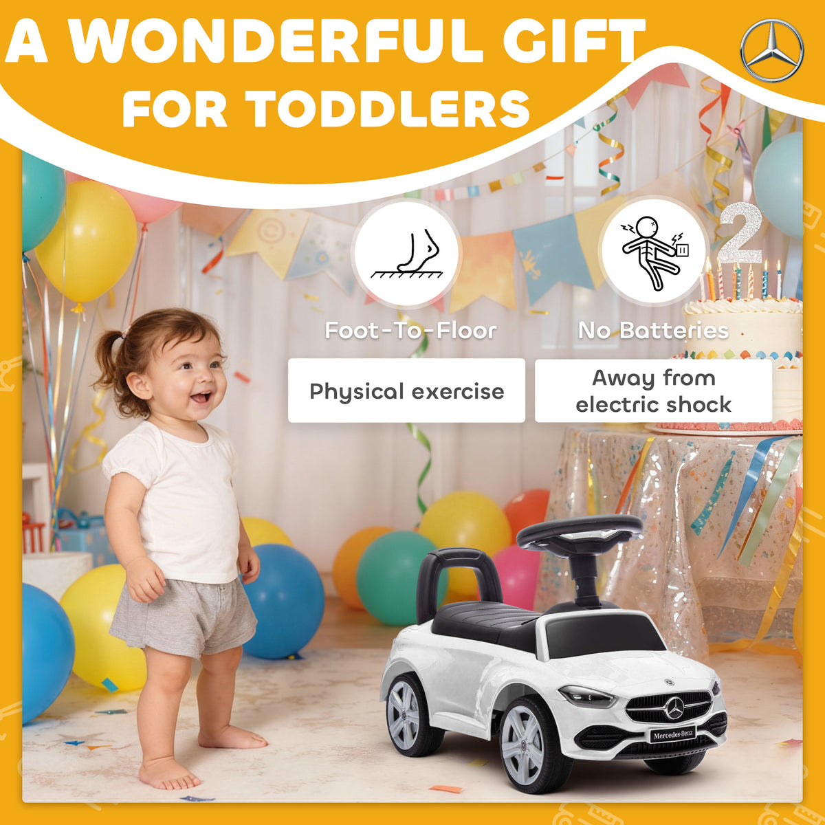 Qaba Mercedes-Benz C-Class Licensed Kids Ride On Car, Foot-to-Floor Toy with Anti-Tip Design, Horn & Start Sound, White