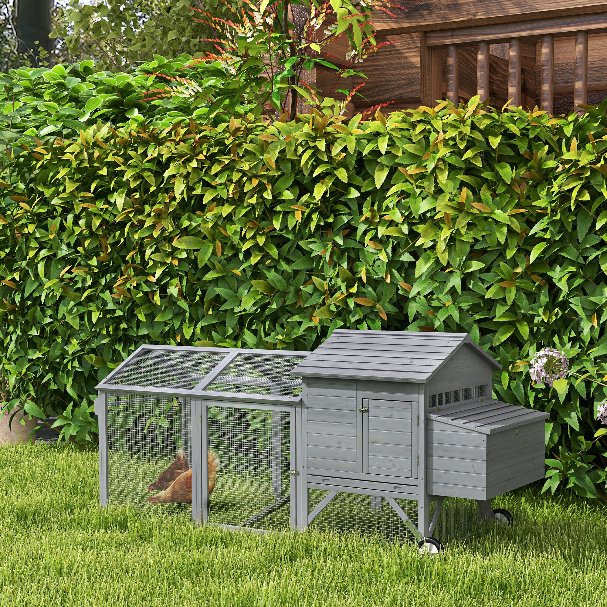 96.5" Chicken Coop Wooden Hen House Poultry Cage Pen Portable with Wheels and Nesting Box, Chicken Cage for Backyard Outdoor, Gray - Grey - Image 2
