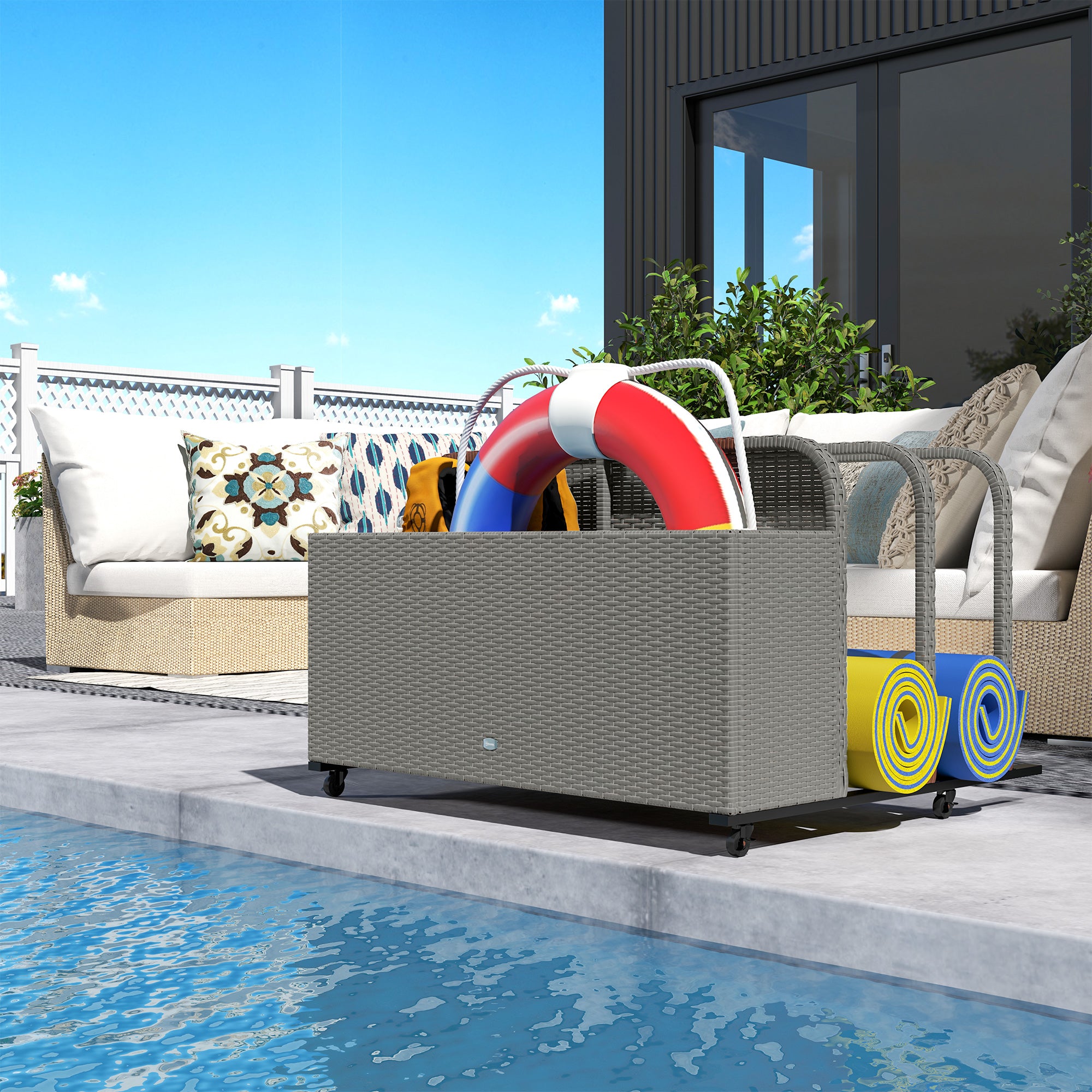 PE Rattan Pool Float Storage Organizer with Wheels, Mixed Gray - Mixed Gray - Image 8