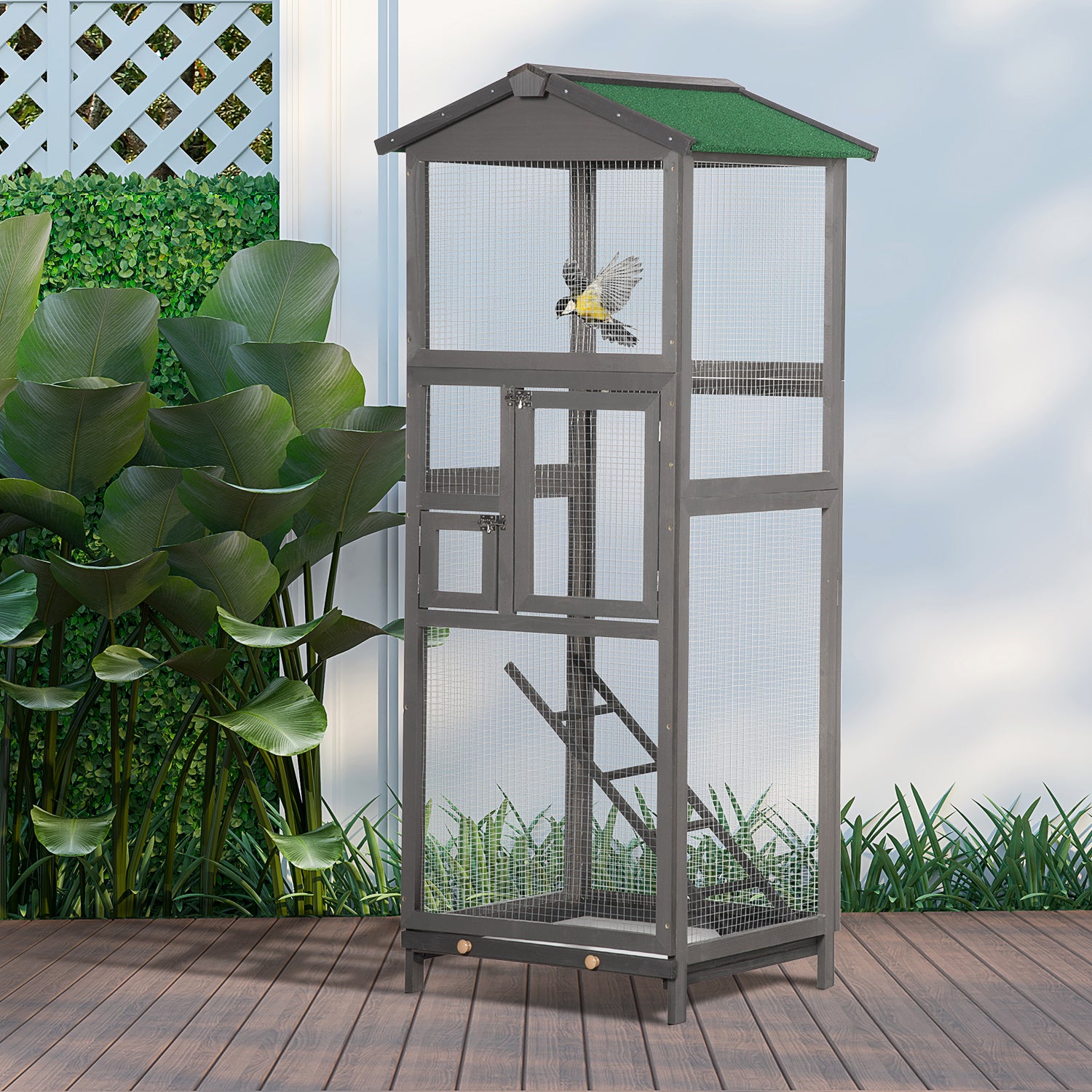 65" Wooden Bird Cage Outdoor Aviary House for Parrot, Parakeet, with Pull Out Tray and 2 Doors, Grey - Light Grey - Image 2