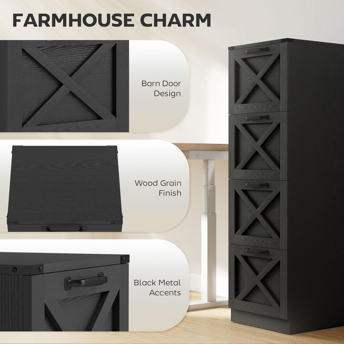 Vertical Storage Drawers Farmhouse X Pattern Printer Stand Fits Letter Files 4 Drawers Black