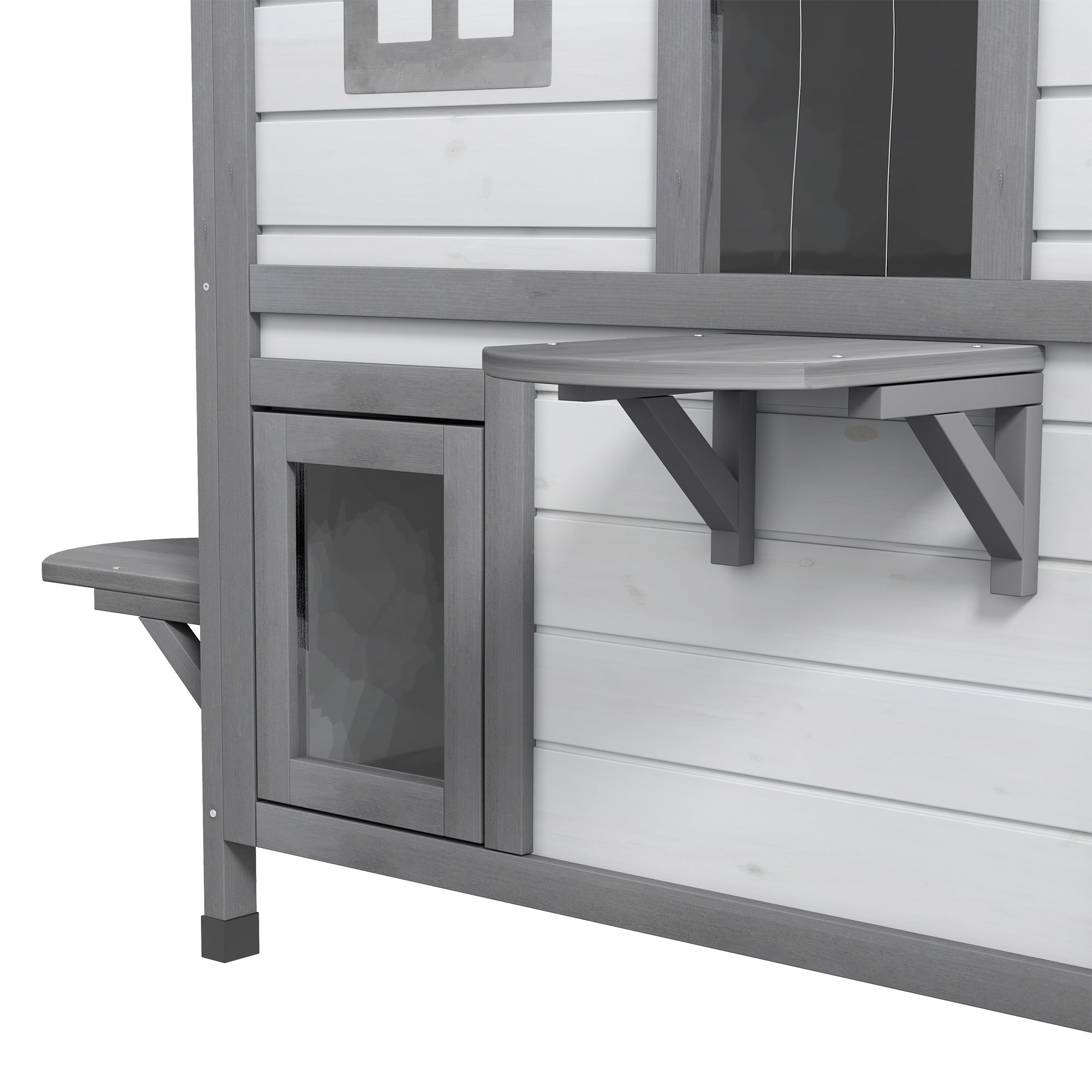 2-story Cat House Outdoor, Weatherproof Wooden Cat Enclosure for Feral Cats with Escape Door, Openable Roof, Jumping Platforms, White - White - Image 8