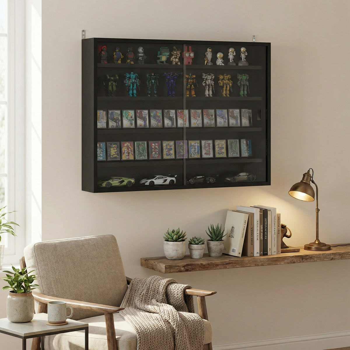5-Tier Display Cabinet, Wall-Mounted Display Case with 2 Glass Doors and Adjustable Shelves, Jet Black