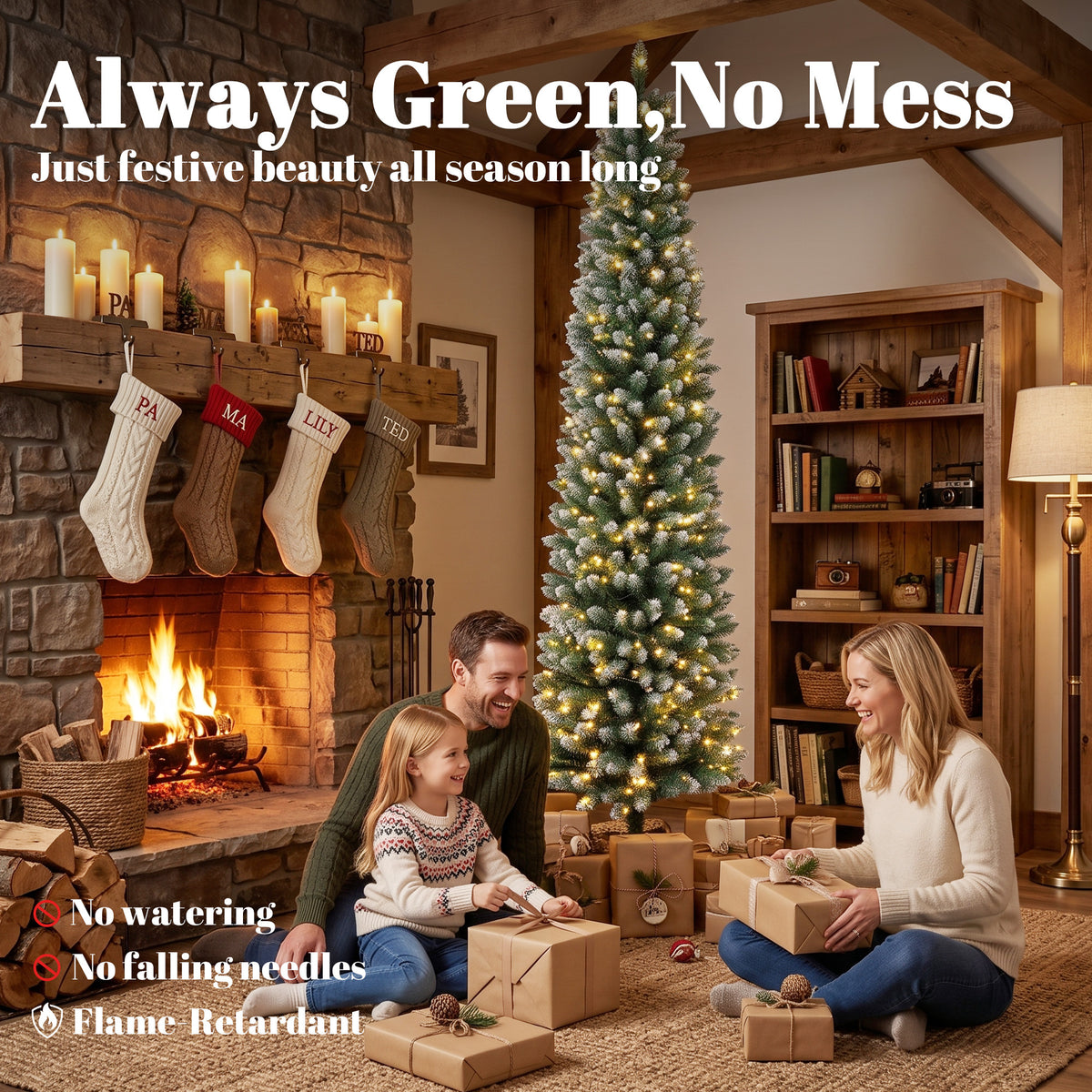 7ft Pencil Prelit Christmas Tree, Dual Color LEDs, Flocked, Remote, Slim Xmas Tree with 11 Modes, Green White