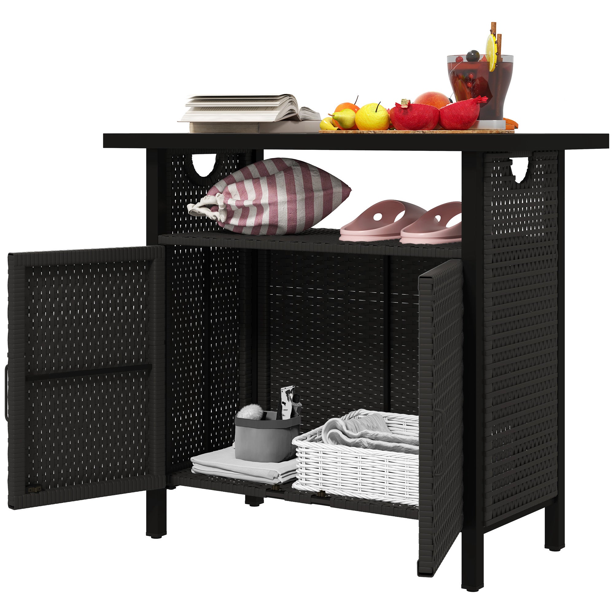 Outdoor Pool Towel Storage Cabinet Organizer, Outdoor Bar Table with Shelf and Cabinet, Pool Towel Holder Pool Valet with Weather-Resistant PE Rattan and Steel Frame, Espresso - Espresso
